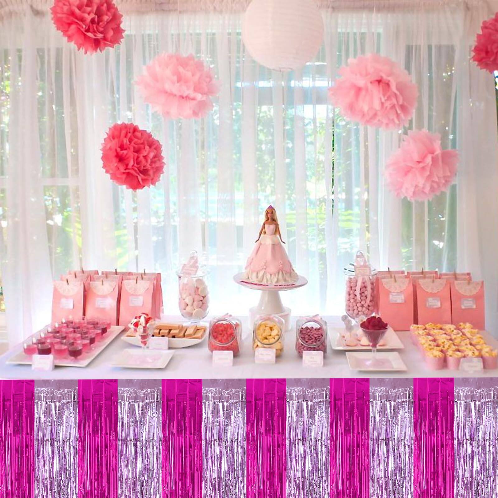 Alt View 4. Dapper Styles - Hot Table Skirts Party Decorations Metallic Tinsel Foil Fringe Rectangle Round For Birthday Holiday Valenti... - Red Gold Black.