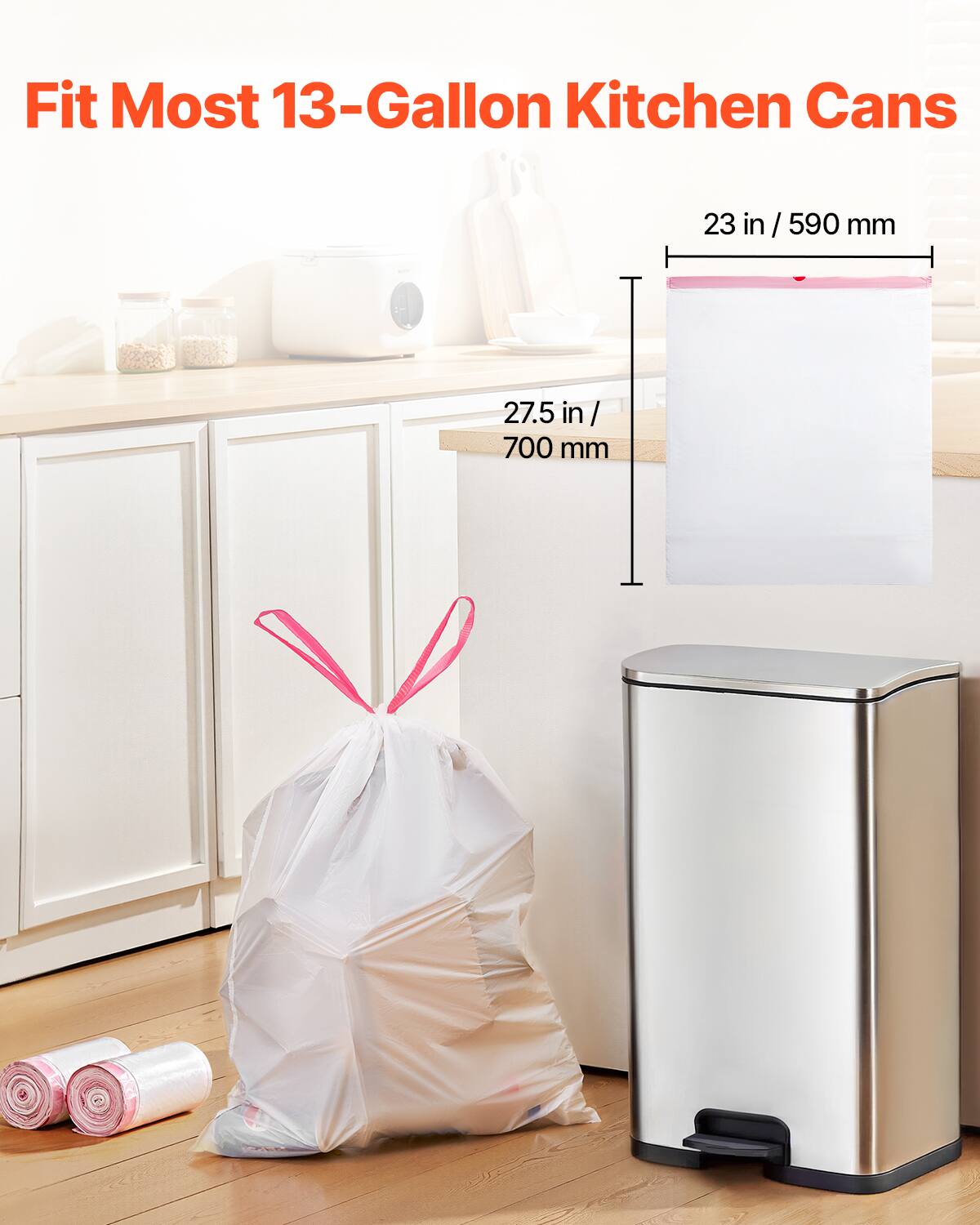 Fit Most 13-Gallon Kitchen Cans

23 in / 590 mm

27.5 in / 700 mm