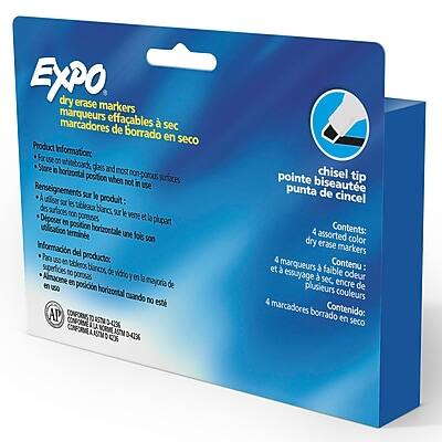 **Expo Dry Erase Markers**

**Product Information:**
- Remove cap before use.
- Store in whiteboard or horizontal position when not in use.
- Use on smooth, non-porous surfaces.

**Informations sur le produit:**
- Retirez le capuchon avant utilisation.
- Rangez en position horizontale sur un tableau blanc ou une surface lisse et non poreuse.
- Utilisez sur des surfaces lisses et non poreuses.

**Información del producto:**
- Retire la tapa antes de usar.
- Almacene en posición horizontal en un tablero blanco o superficie lisa y no porosa.
- Use sobre superficies lisas y no porosas.

**Contents:**
- 4 assorted dry erase color markers
- 4 marqueurs effaçables à sec de plusieurs couleurs
- 4 marcadores de borrado seco de colores

**Conforms to:**
- ASTM D4236

**Conforme a:**
- ASTM D4236

**Chisel Tip:**
- pointe biseautée
- punta de cincel