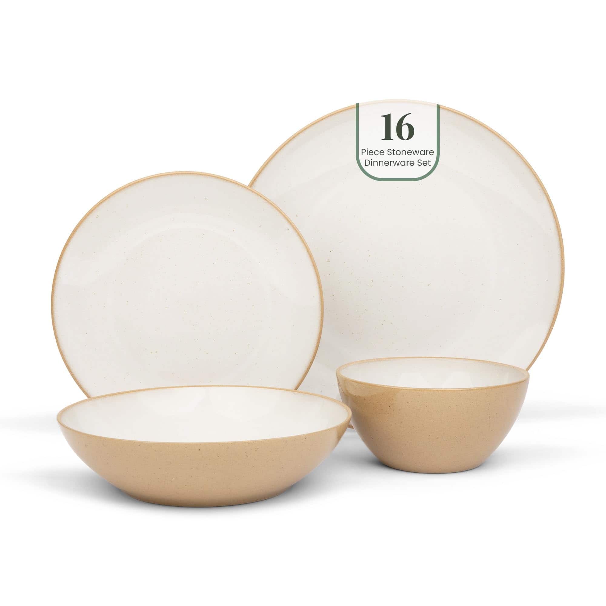 Larder & Vine - 16-Piece Classic Dinnerware Set for 4, Ceramic Stoneware Made in Portugal - Sand