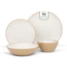 Larder & Vine - 16-Piece Classic Dinnerware Set for 4, Ceramic Stoneware Made in Portugal - Sand