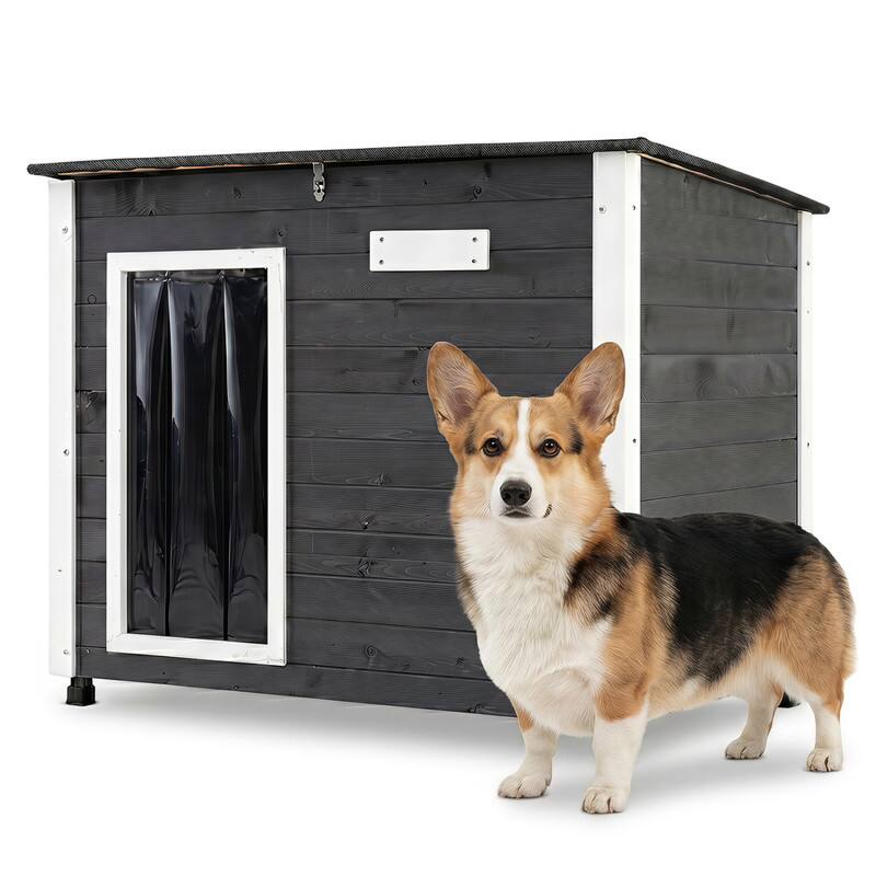 Front. WELLFOR - 34" Dog House for Both Indoor and Outdoor with Weatherproof Roof, Wooden Dog Kennel Suitable for Samll to Medium Dogs - Gray.