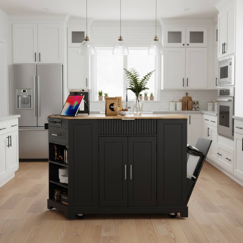 Left. Forest'nSky - Kitchen Island with Trash Can Storage Cabinet, Power Outlet with 3 Drawers & 3 Side Racks,  Black - Black.