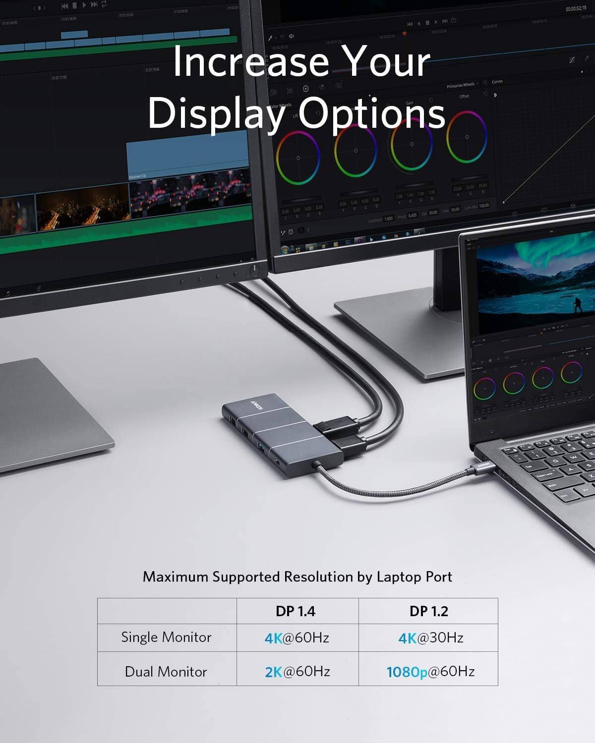 Increase Your Display Options

Maximum Supported Resolution by Laptop Port

|             | DP 1.4       | DP 1.2       |
|-------------|-------------|-------------|
| Single Monitor | 4K@60Hz     | 4K@30Hz     |
| Dual Monitor  | 2K@60Hz     | 1080p@60Hz  |