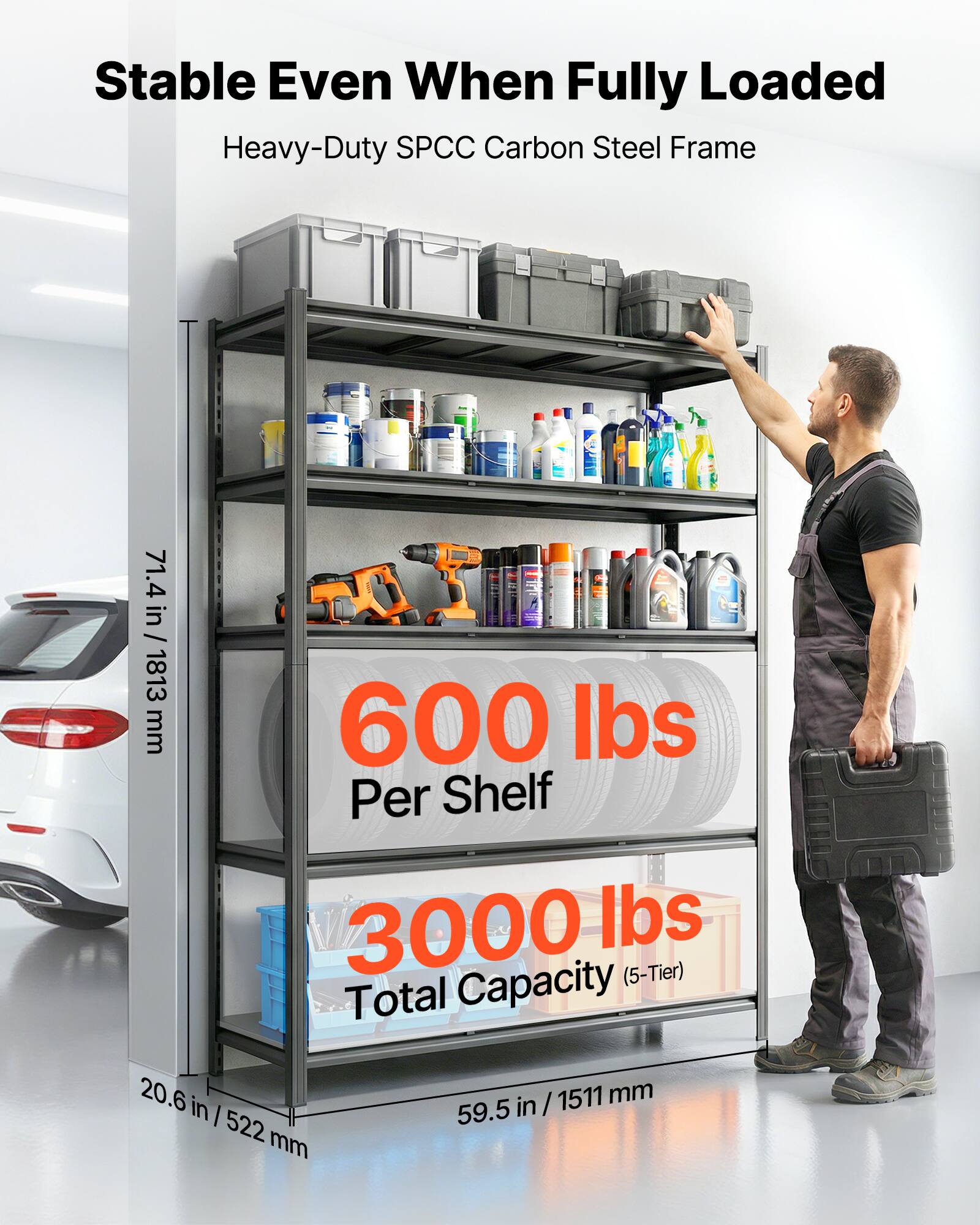 Stable Even When Fully Loaded  
Heavy-Duty SPCC Carbon Steel Frame  
71.4 in / 1813 mm  
600 lbs Per Shelf  
3000 lbs Capacity (5-Tier)  
Total 20.6 in / 522 mm / 59.5 in / 1511 mm