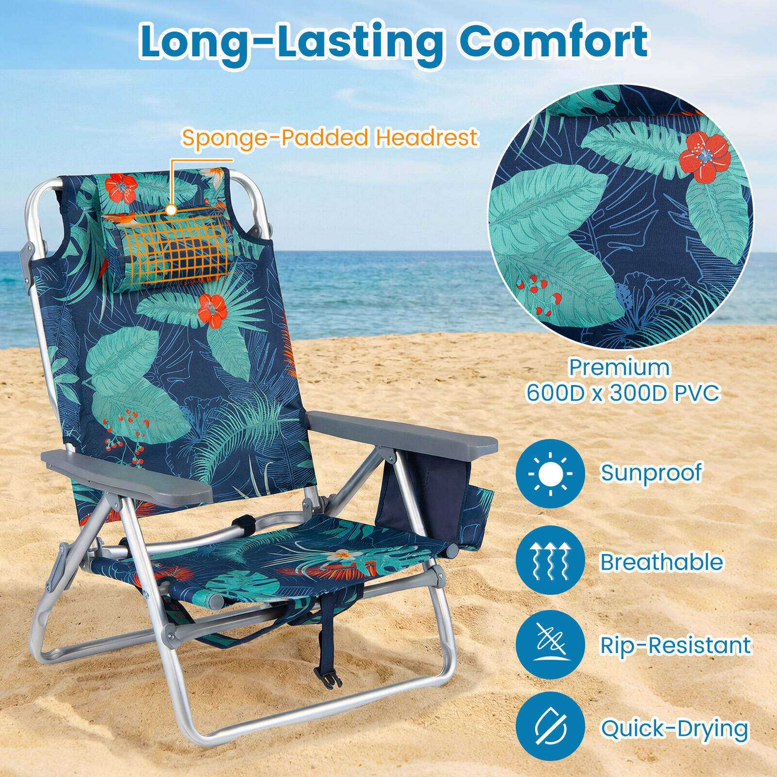 Long-Lasting Comfort  
Sponge-Padded Headrest  
Premium 600D x 300D PVC  
Sunproof  
Breathable  
Rip-Resistant  
Quick-Drying