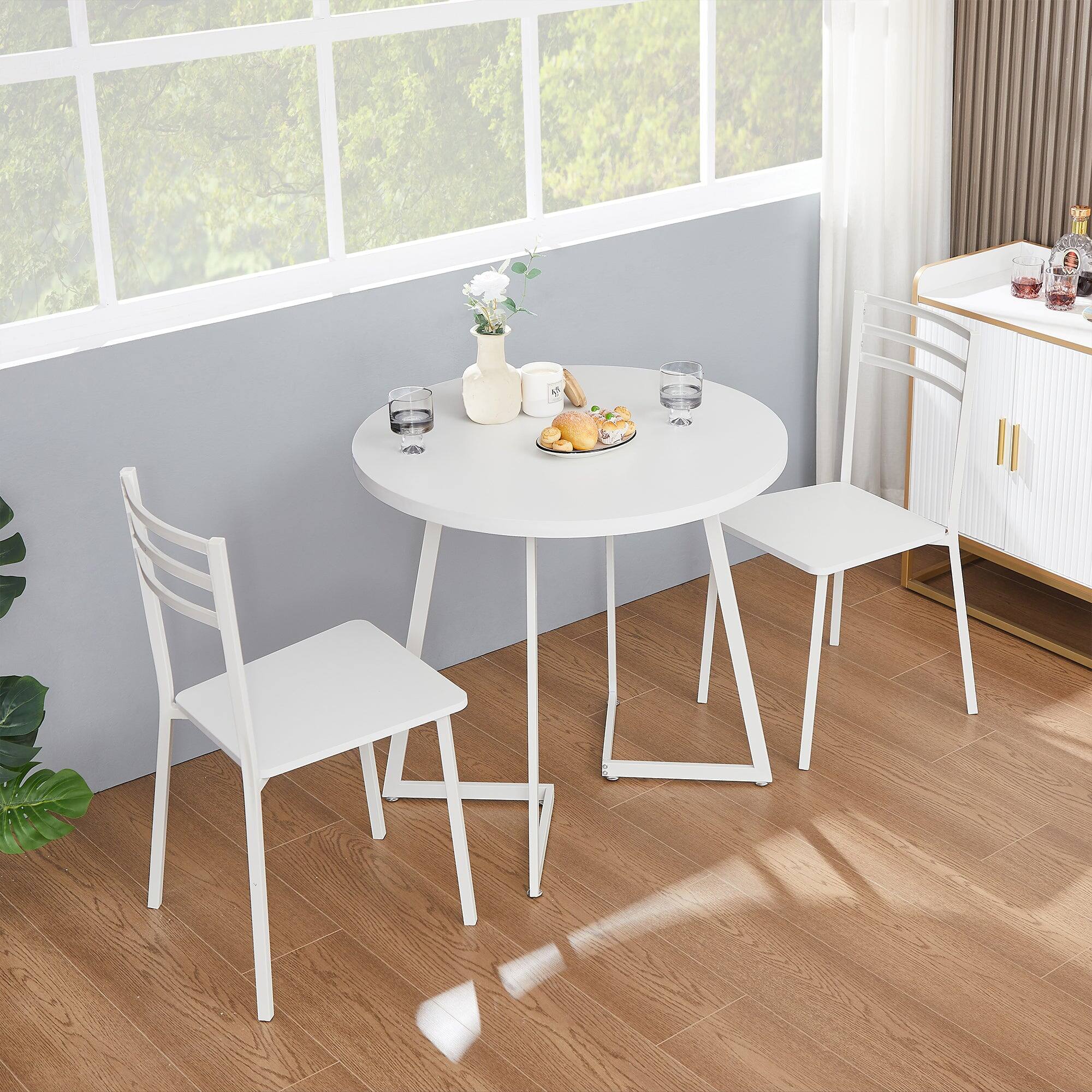 Alt View 5. Vecelo - Modern 3 Piece Round Dining Table Set for 2, Faux Marble Top, Metal Frame, Space-Saving Kitchen Table Set - White.