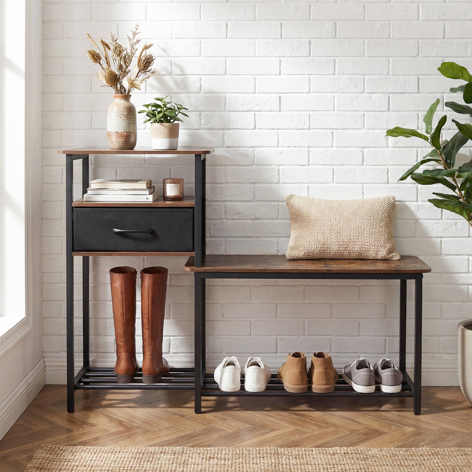 Alt View 1. Costway - Costway 3-Tier Shoe Rack Bench with Drawer & Metal Frame, Entryway Bench with Storage - Rustic Brown & Black.