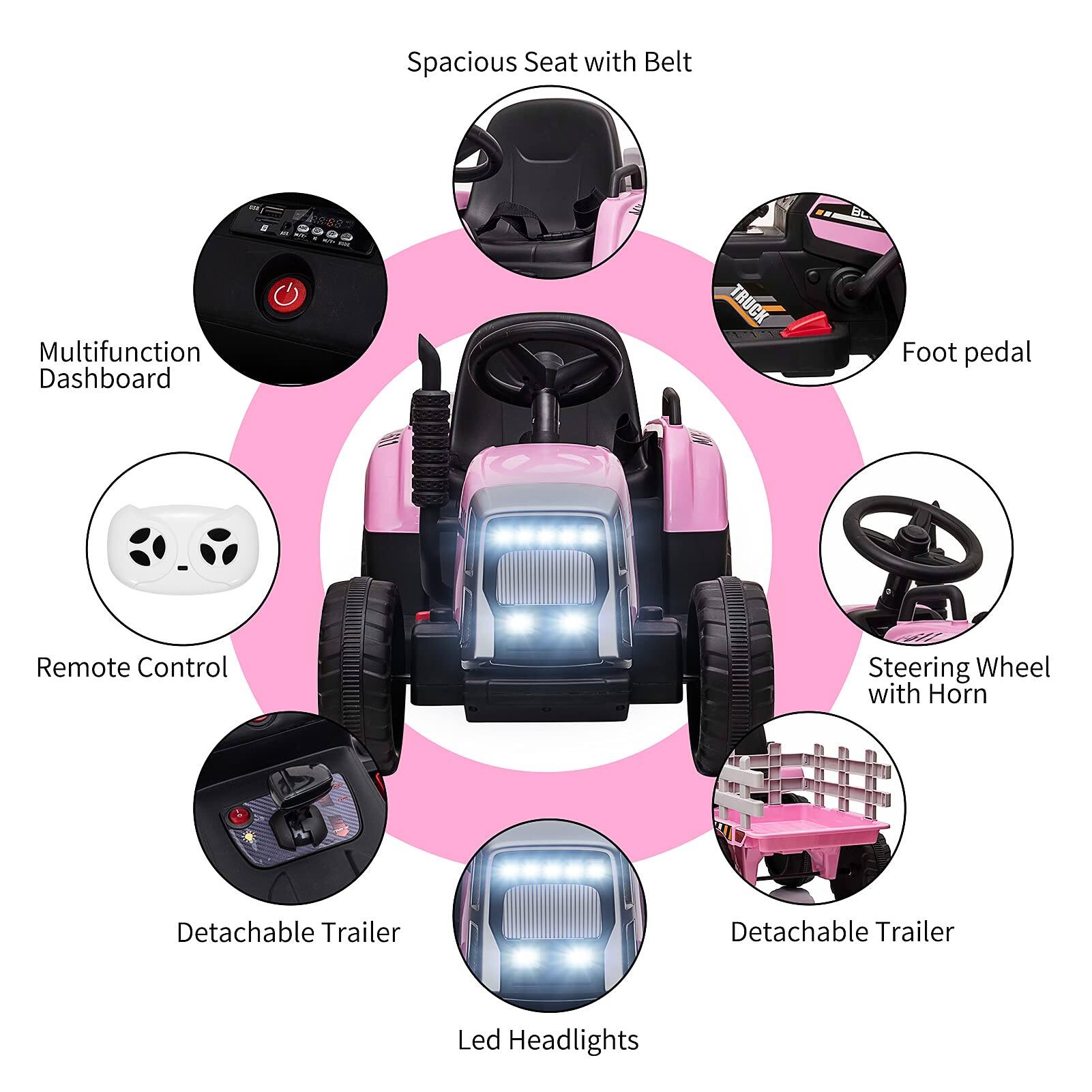 - Spacious Seat with Belt
- Multifunction Dashboard
- Remote Control
- Foot pedal
- Steering Wheel with Horn
- Detachable Trailer
- Led Headlights