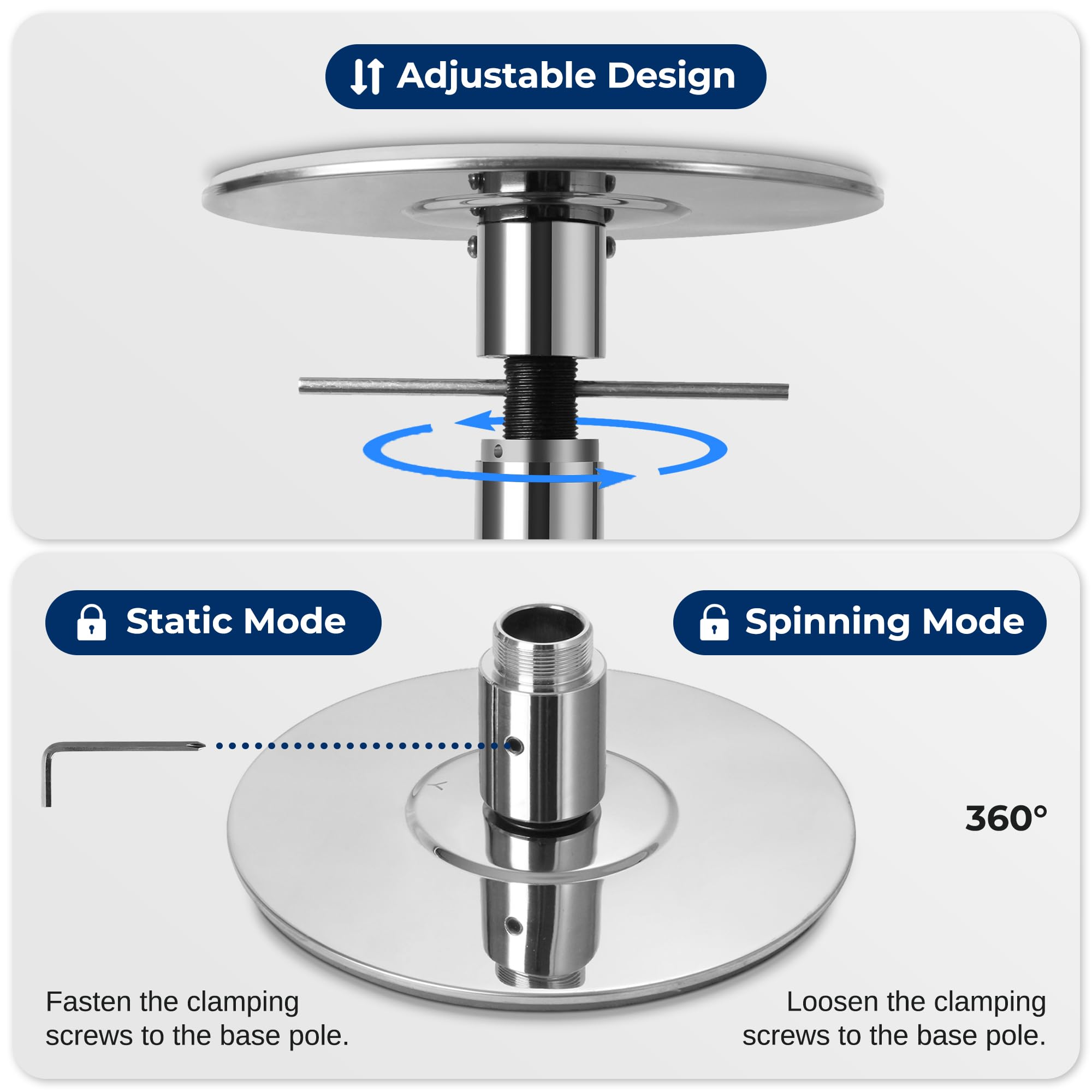 It has an adjustable design. Static Mode: Fasten the clamping screws to the base pole. Spinning Mode: Loosen the clamping screws to the base pole.