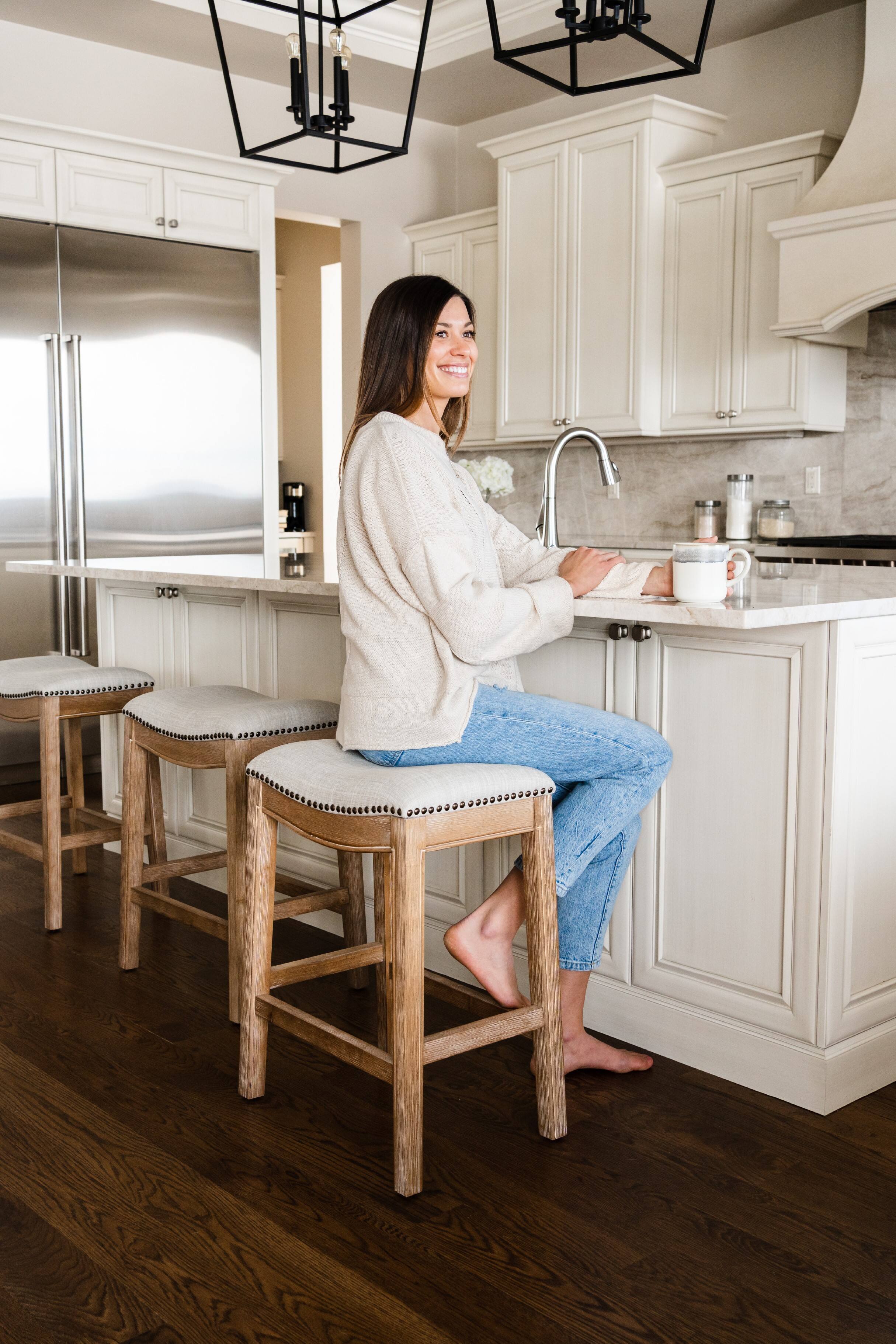 Left. Maven Lane - 26" Adrien Saddle Counter Stool In Weathered Oak Finish With Fabric Upholstery - Weathered Oak.