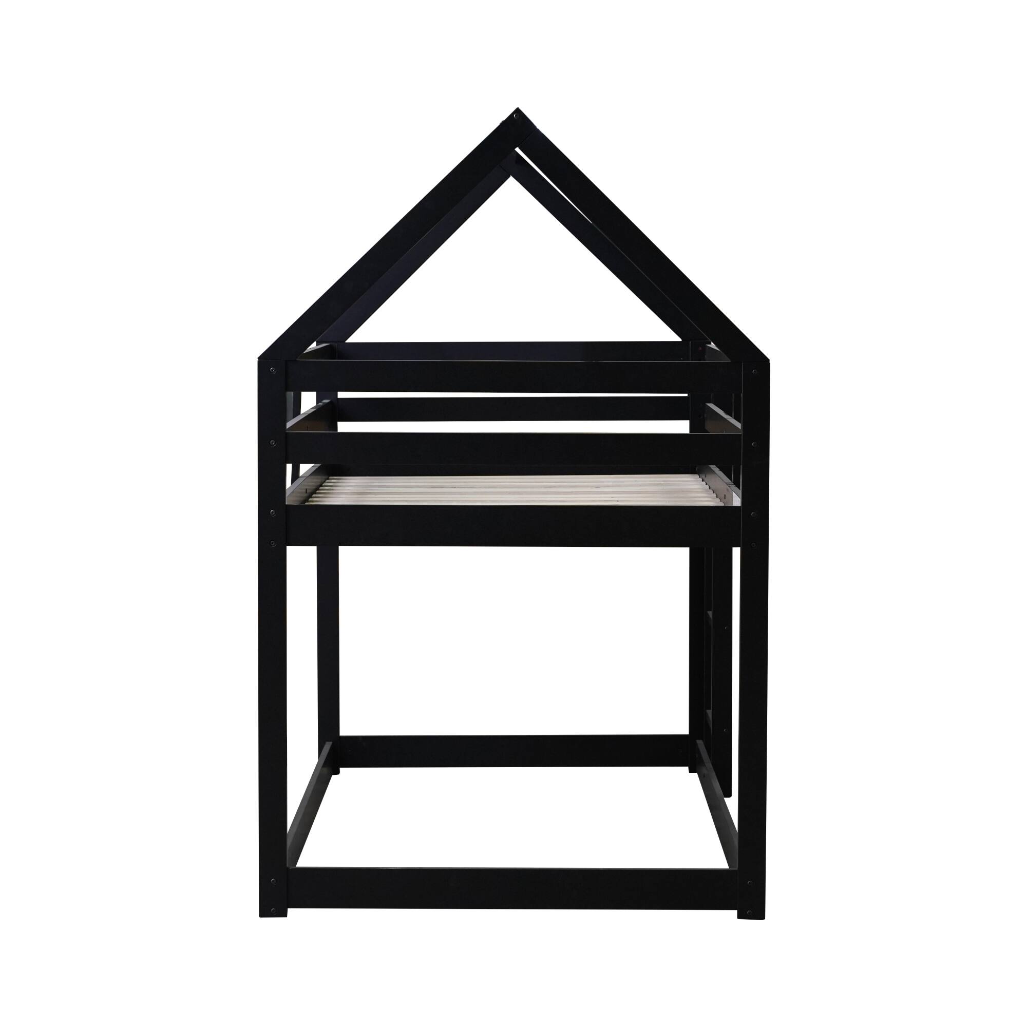 Alt View 2. GOODSILO - House-Shaped Twin Over Twin Rubber Wood Bunk Bed with Ladder and Guardrails for Kids - Black.