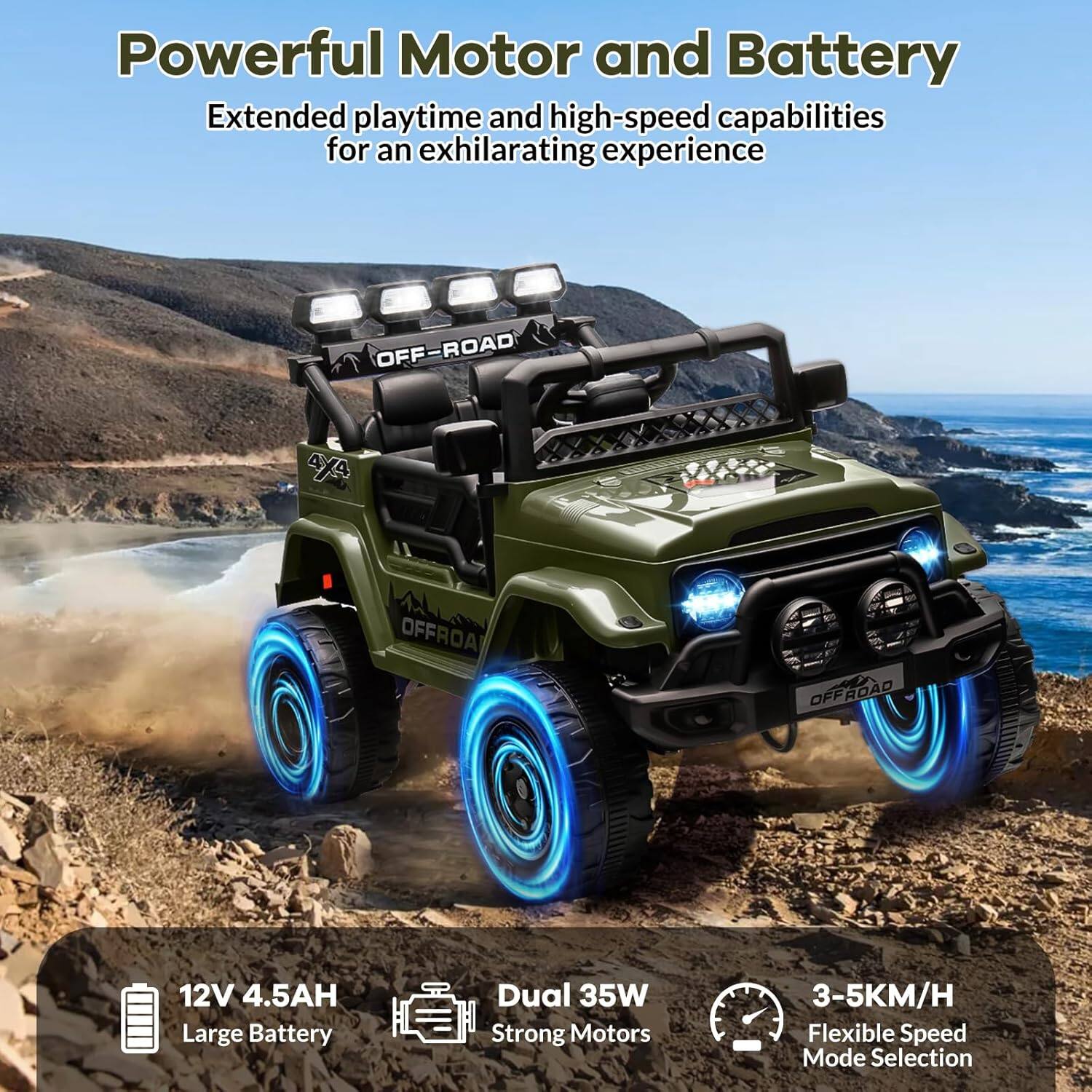 Powerful Motor and Battery

Extended playtime and high-speed capabilities for an exhilarating experience

12V 4.5AH Large Battery

Dual 35W Strong Motors

3-5KM/H Flexible Speed Mode Selection