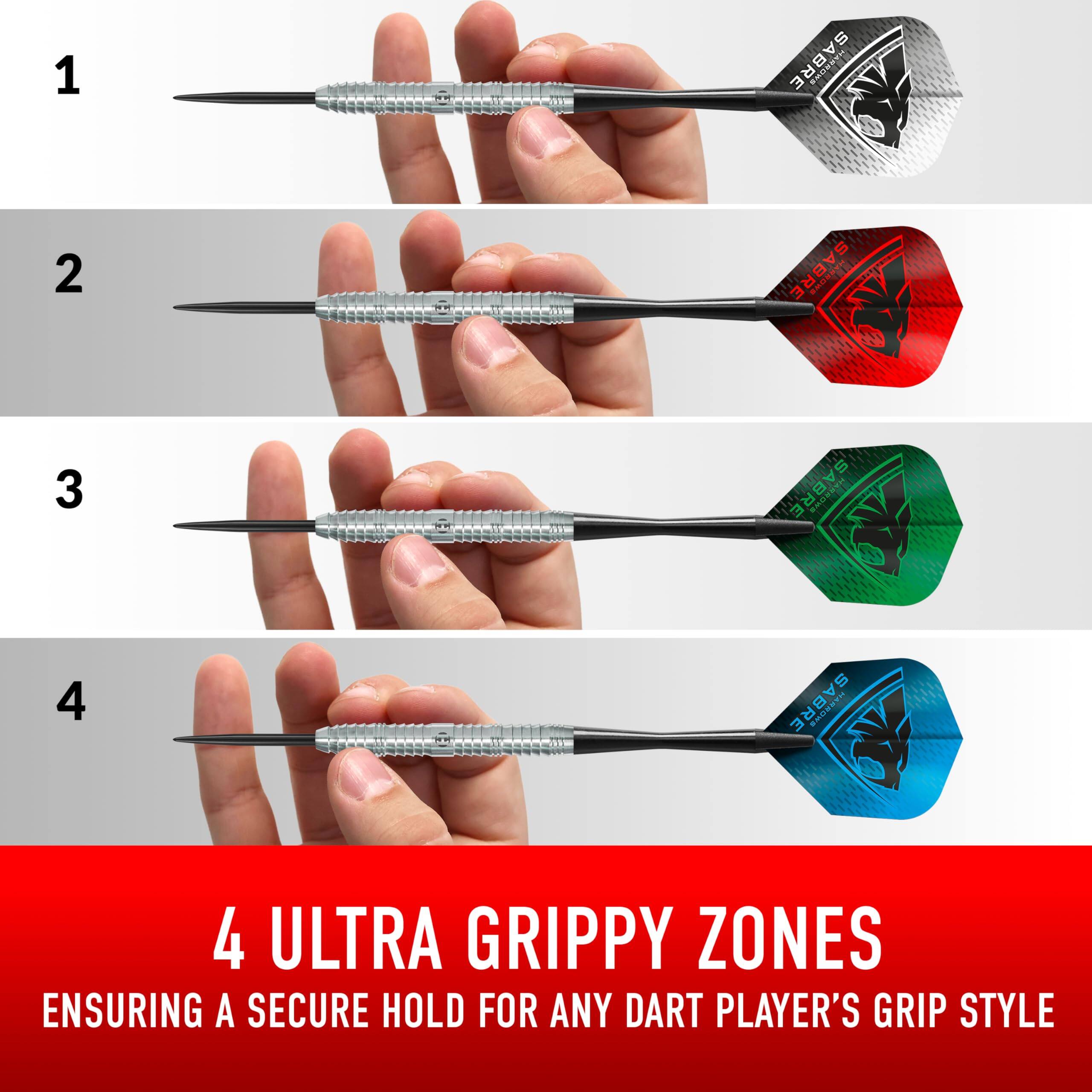1 - TRIPLE SABRE  
2 - DOUBLE SABRE  
3 - SABRE  
4 - ULTRA GRIPPY ZONES  
ENSURING A SECURE HOLD FOR ANY DART PLAYER'S GRIP STYLE