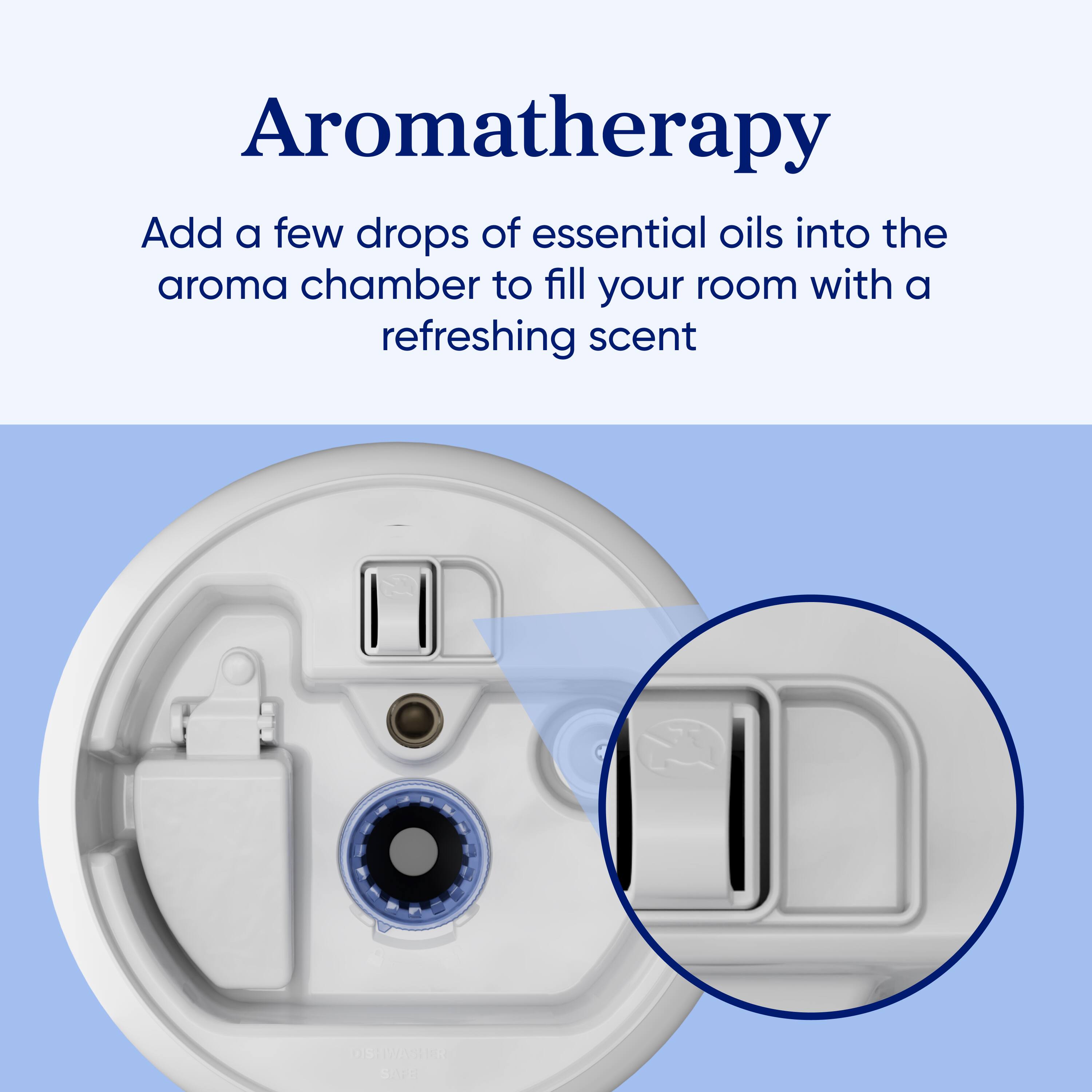 Aromatherapy Add a few drops of essential oils into the aroma chamber to fill your room with a refreshing scent