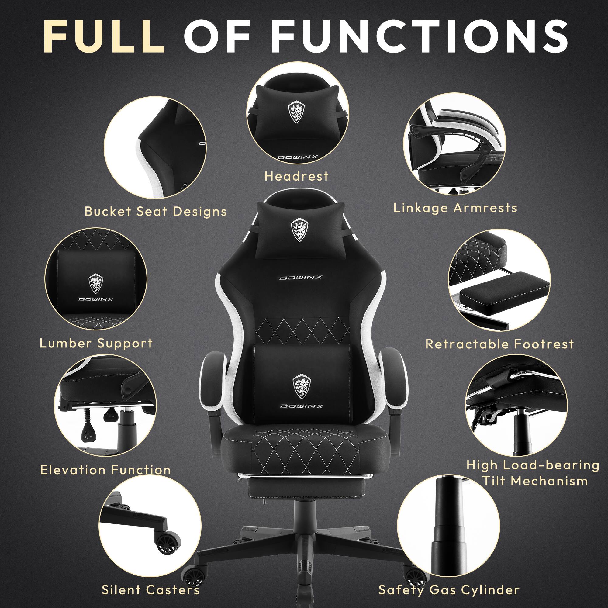 FULL OF FUNCTIONS

- Bucket Seat Designs
- Headrest
- Linkage Armrests
- Lumber Support
- Retractable Footrest
- Elevation Function
- High Load-bearing Tilt Mechanism
- Silent Casters
- Safety Gas Cylinder