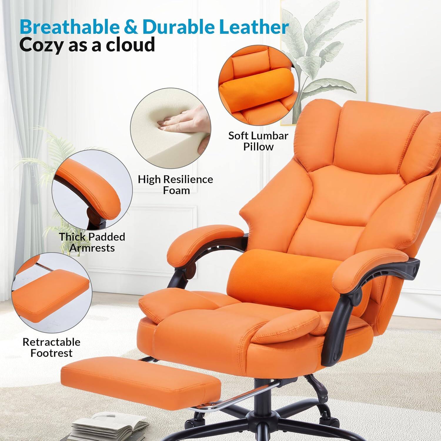 Breathable & Durable Leather  
Cozy as a cloud  

- Soft Lumbar Pillow  
- High Resilience Foam  
- Thick Padded Armrests  
- Retractable Footrest