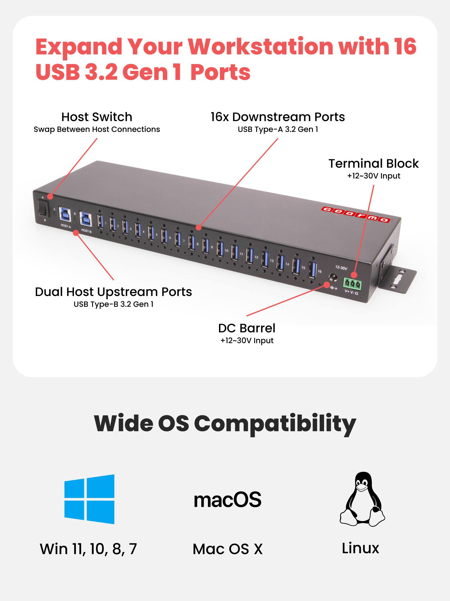 Expand Your Workstation with 16 USB 3.2 Gen 1 Ports

Host Switch
Swap Between Host Connections

16x Downstream Ports USB Type-A 3.2 Gen 1

Terminal Block +12~30V Input

Dual Host Upstream Ports USB Type-B 3.2 Gen 1

DC Barrel +12~30V Input

Wide OS Compatibility
macOS
Win 11, 10, 8, 7
Mac OS X
Linux