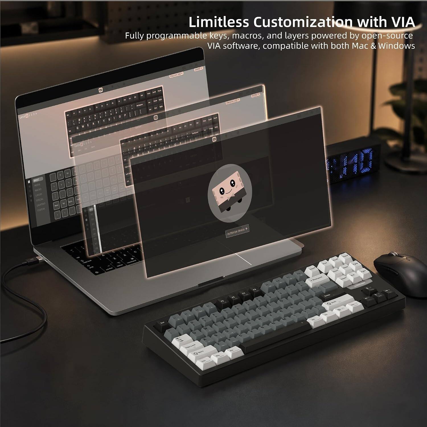 Limitless Customization with VIA  
Fully programmable keys, macros, and layers powered by open-source VIA software, compatible with both Mac & Windows