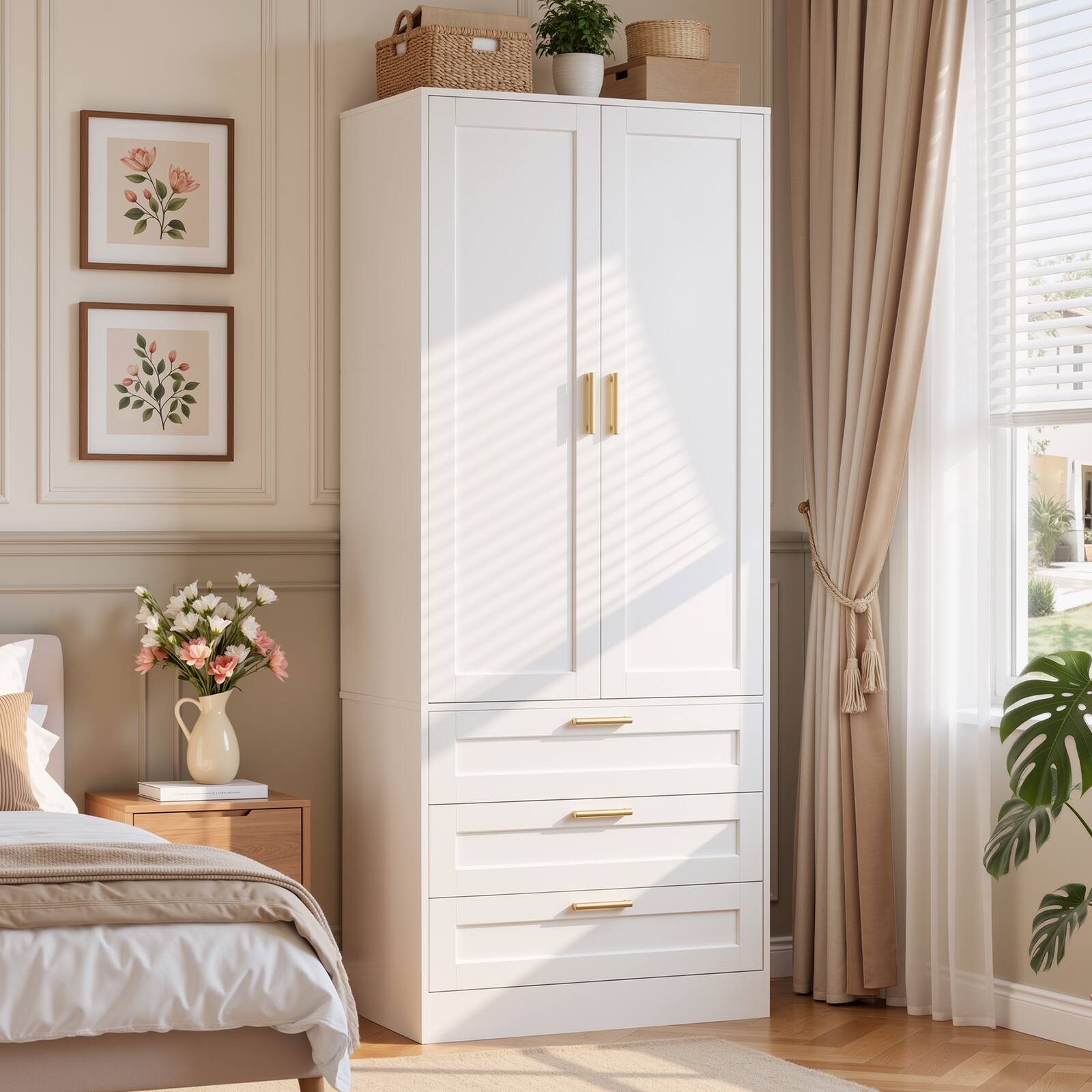 Angle. Aheaplus - 71" Tall Armoire Wardrobe with 3 Drawers, Doors, Hanging Rod, 20" Deep Storage with Soft-Close Hinges & Metal Handles - White.