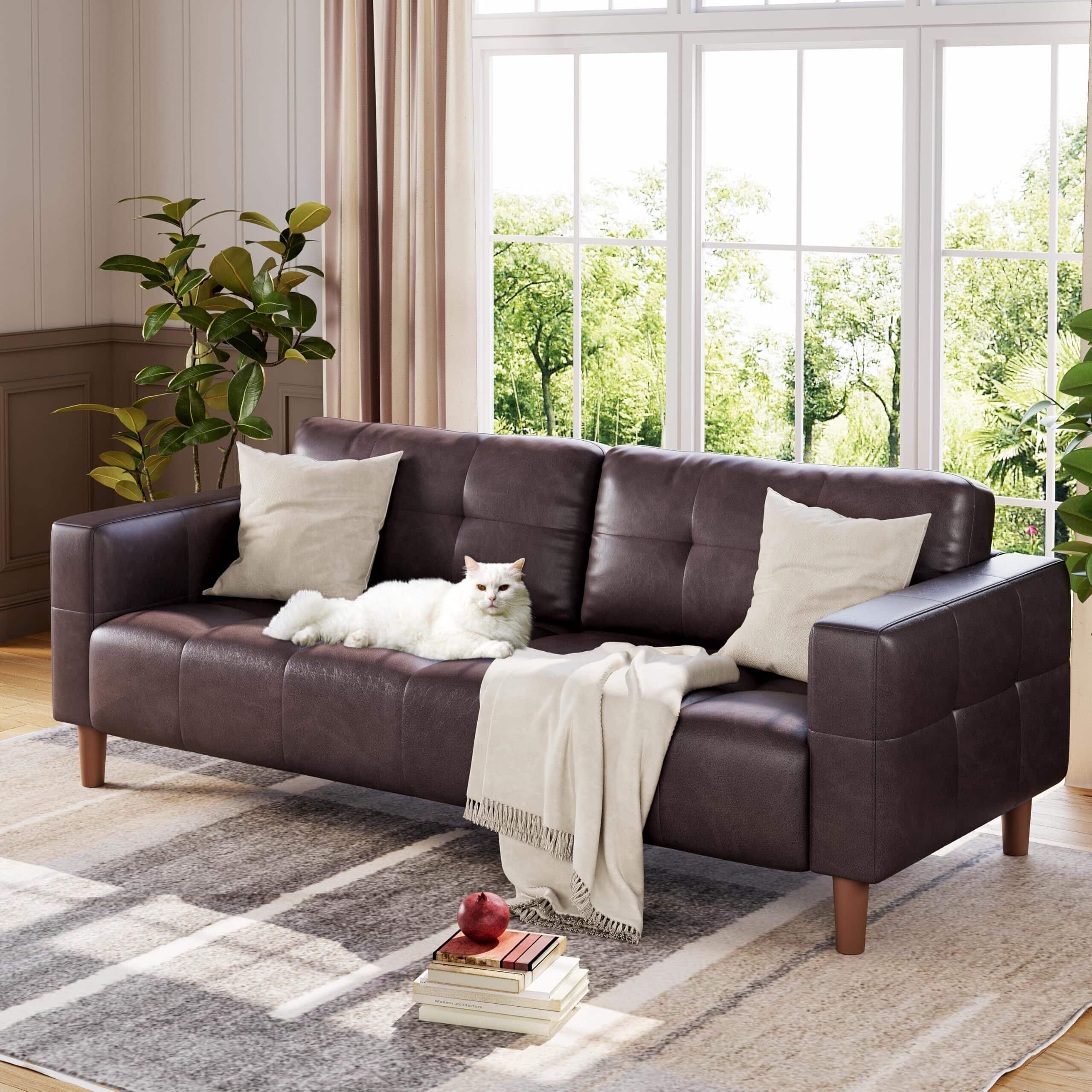 Jojoka - 3-Seater Sofa Couch, 83" Wide Faux Leather Sofa Couch with Spring Cushion - Brown