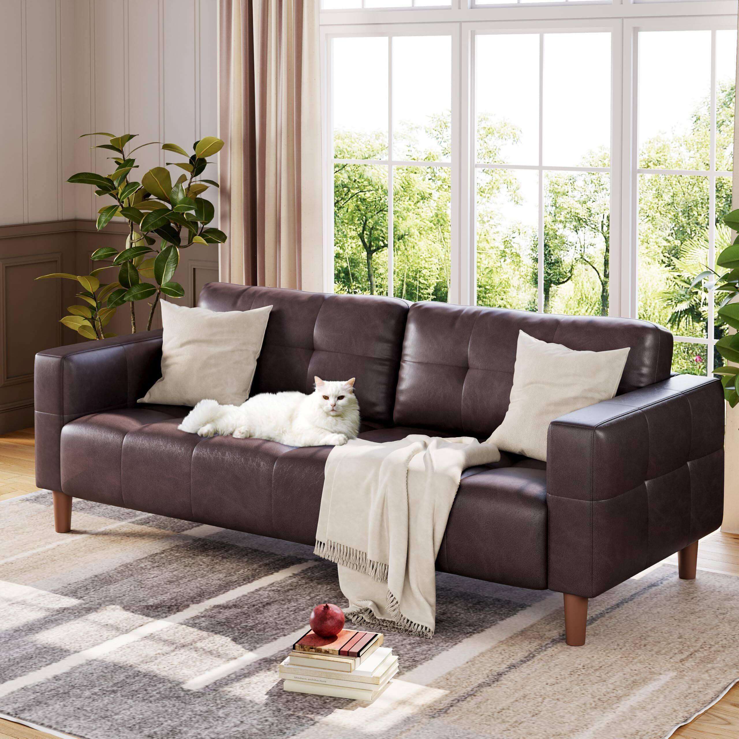 Front. Jojoka - 3-Seater Sofa Couch, 83" Wide Faux Leather Sofa Couch with Spring Cushion, - Brown.