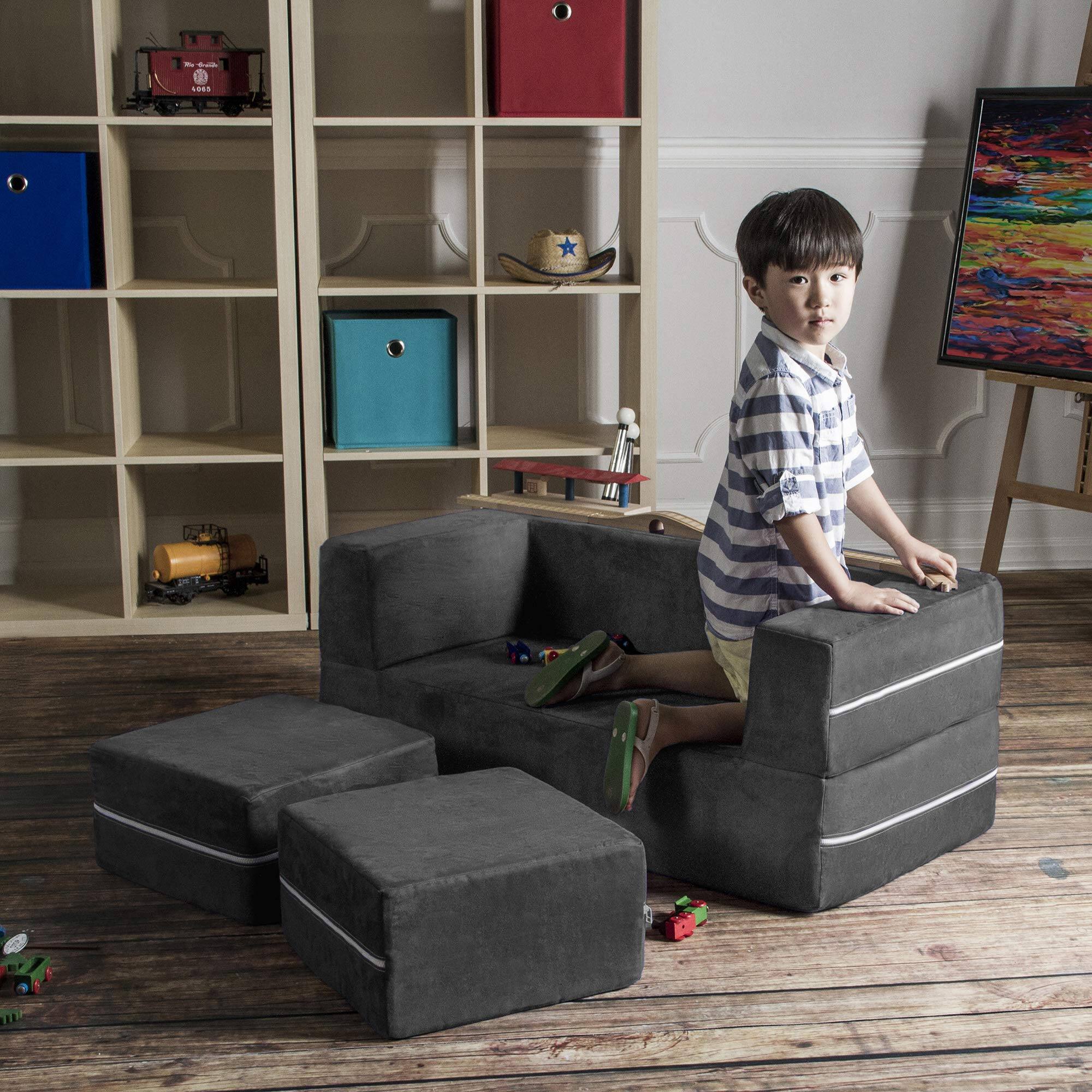 Alt View 4. Jaxx - Jaxx Zipline Kids Modular Loveseat & Ottomans/Fold Out Lounger, Charcoal - Charcoal.