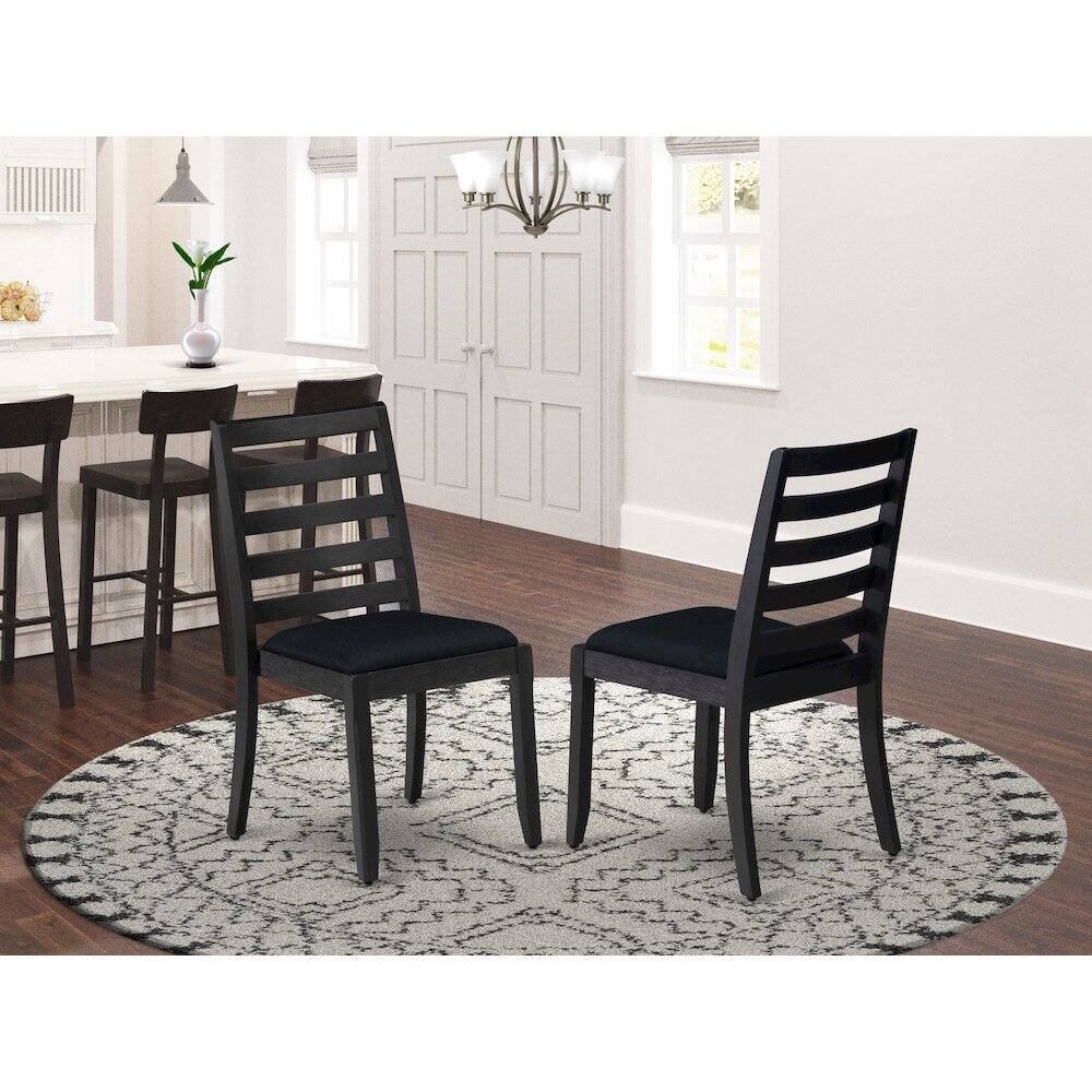 Angle. Luxe - Dining Room Chair with Black Linen Fabric and upholstered back - Wire Brushed Black.