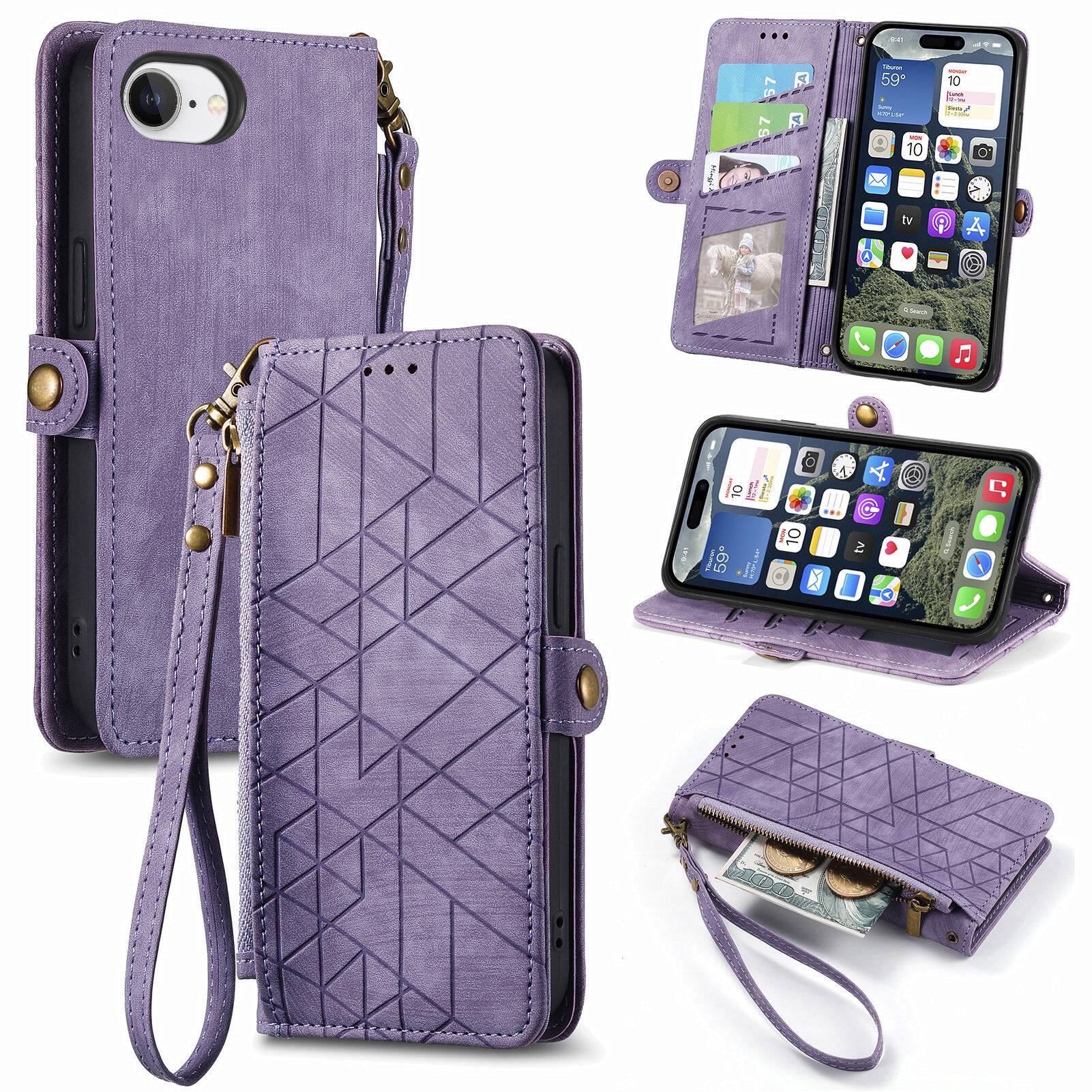 Dteck - Zipper Wallet Pocket Case for iPhone 17E/16E, Shockproof with Card Holders PU Leather Embossed Stand Wristlet - Purple price history on PriceWatchPro