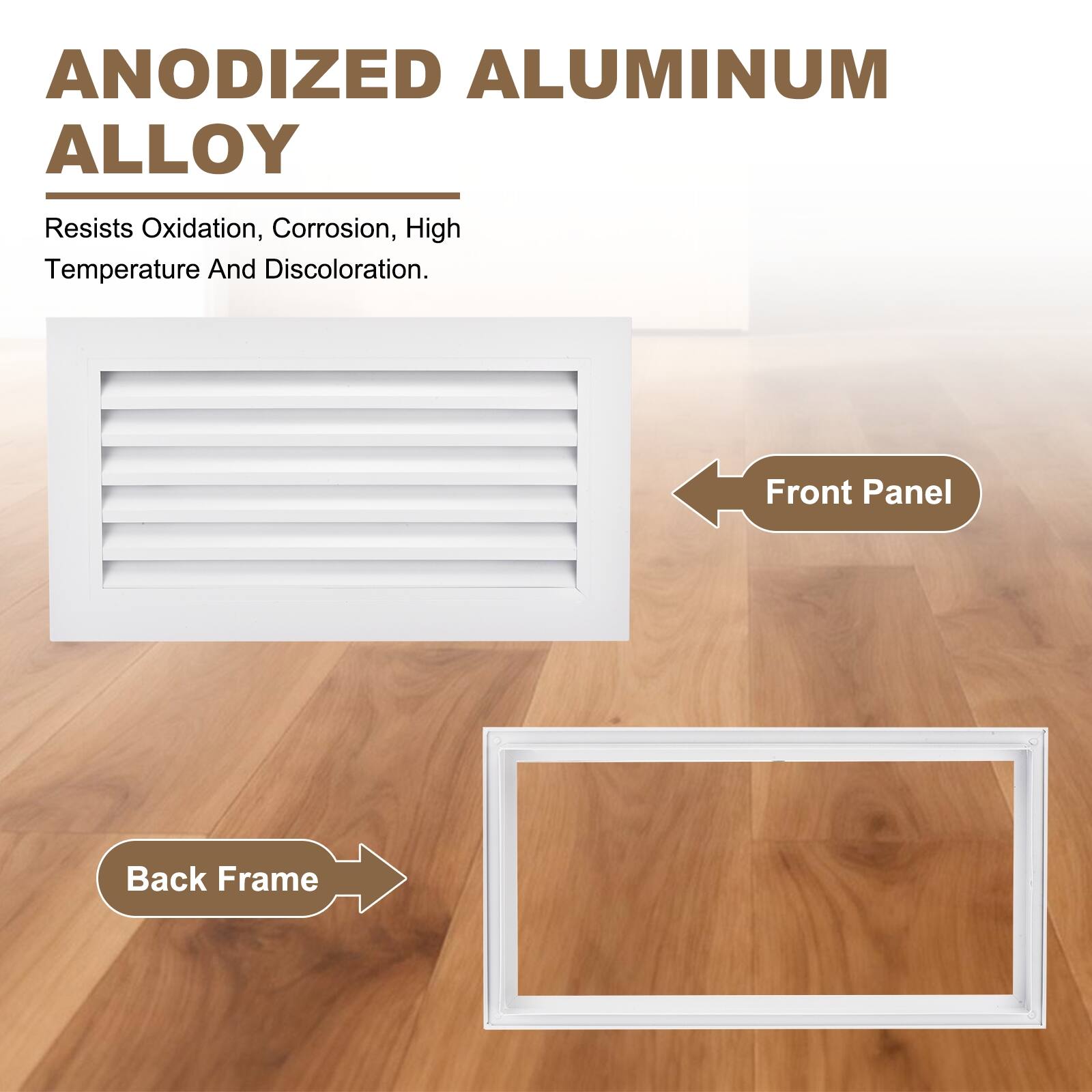 ANODIZED ALUMINUM ALLOY  
Resists Oxidation, Corrosion, High Temperature And Discoloration.  

Front Panel  
Back Frame