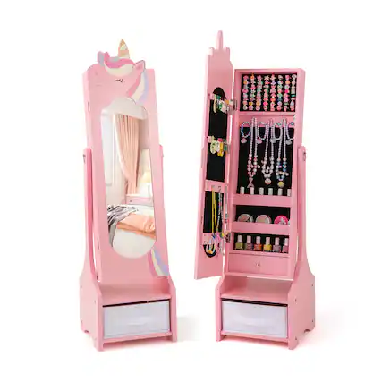 Front. Gymax - Gymax Kids Jewelry Cabinet w/ Full-Length Mirror 2 Adjustable Tilt Angles Drawer Pink - Pink.
