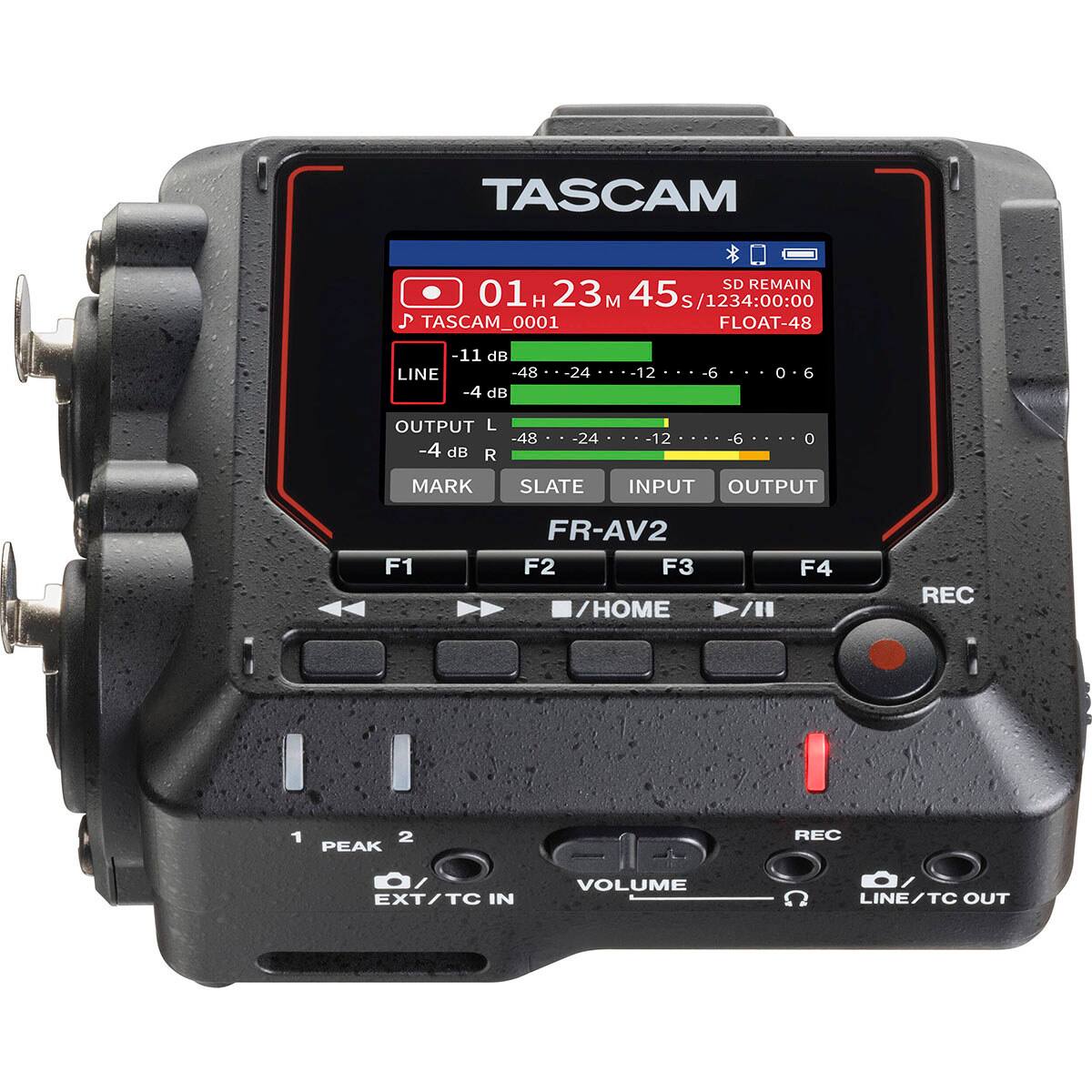 TASCAM SD REMAIN 01 H 23 45 S /1234:00:00 2 TASCAM_0001 FLOAT-48 -11 dB LINE -48 -4 dB 24 12 -6 0 6 OUTPUT L -4 dB R -48 -24 12 -6 0 MARK SLATE INPUT OUTPUT F1 FR-AV2 F2 F3 /HOME / F4 REC 1 2 PEAK REC EXT/TC IN VOLUME C LINE/TC OUT