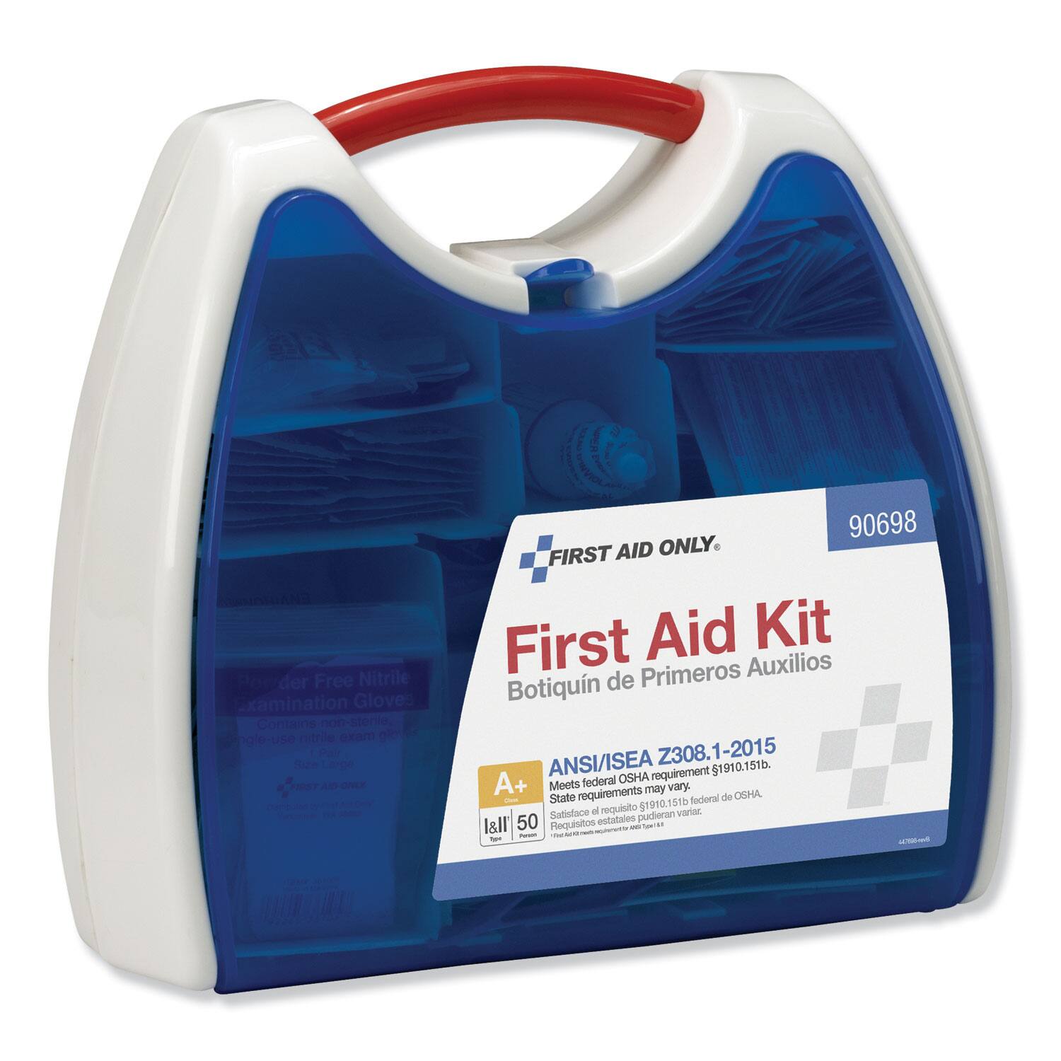 First Aid Kit  
Botiquín de Primeros Auxilios  

Contains sterile, single-use nitrile exam gloves.  

Meets federal OSHA requirement 29 CFR 1910.151(b).  
State requirements may vary.  
Satisface los requisitos federales de OSHA.  
Requisitos estatales pueden variar.  

ANSI/ISEA Z308.1-2015  

A+  
50