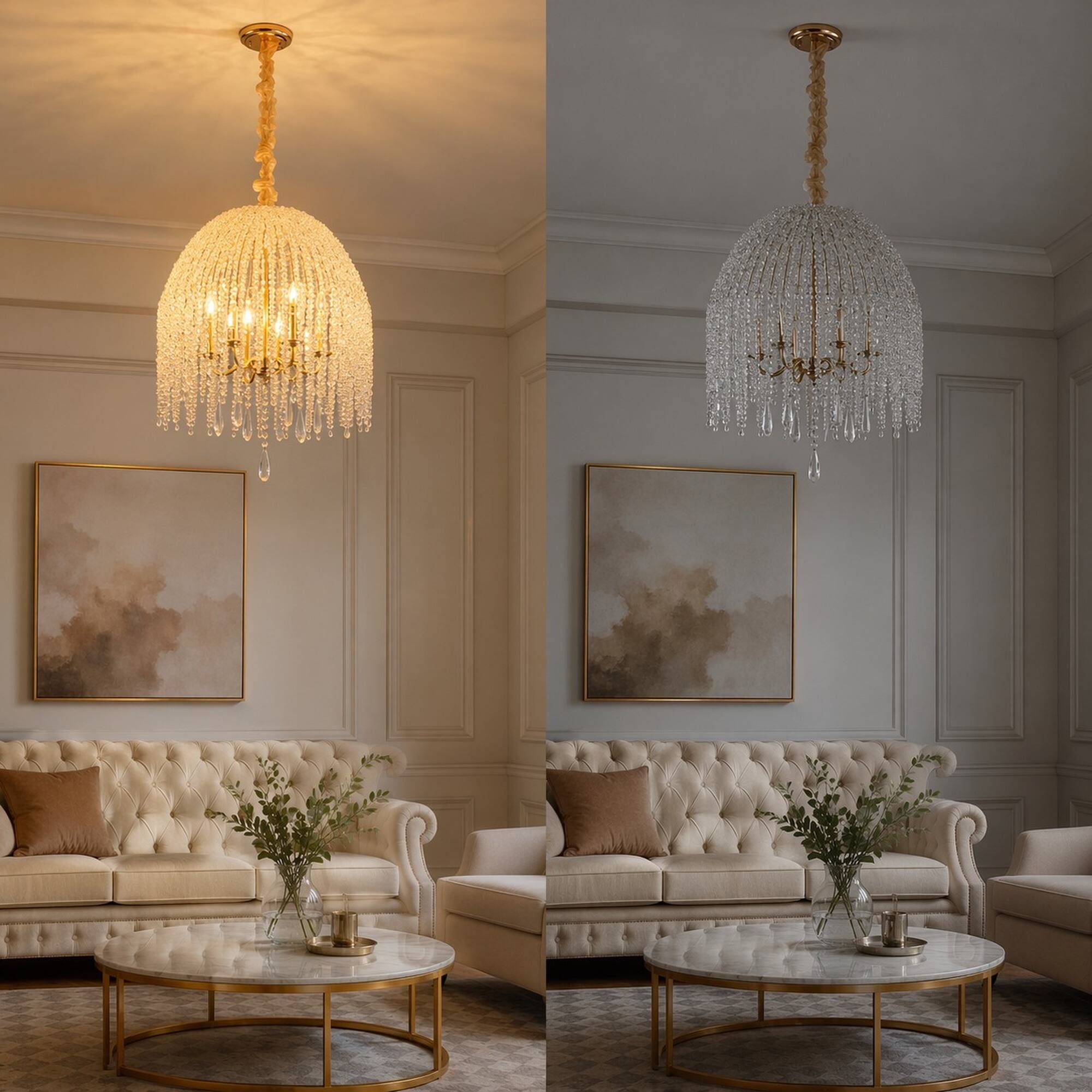 Alt View 2. RYHNUYNE - 20 Inch 6-Light K9 Crystal Pendant Chandelier with Gold Finish – Cascading Waterfall Beads, Adjustable Drop.