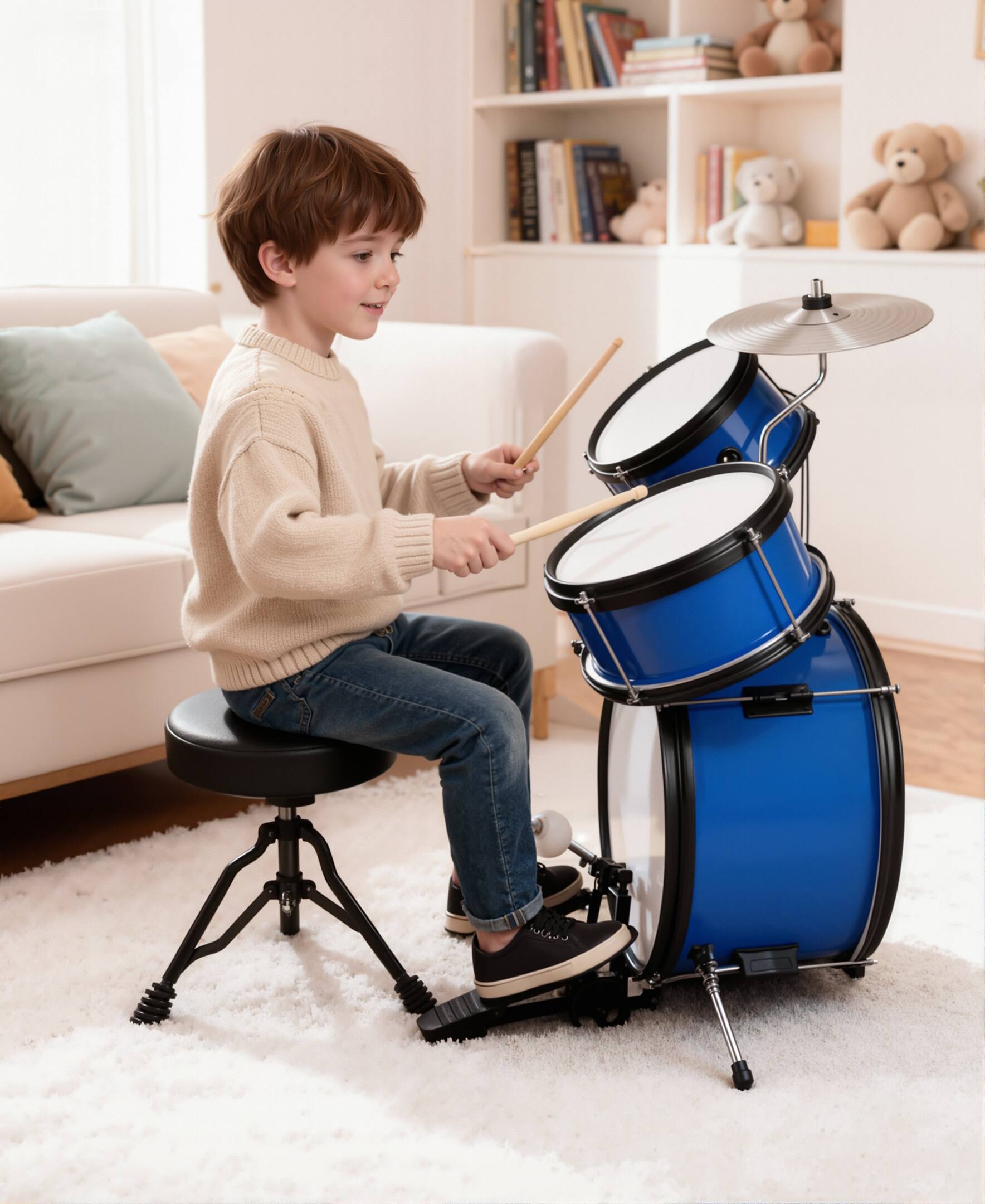 Angle. Sugift - 3-Piece Kids Drum Set with Adjustable Stool, Bass Pedal & Cymbal – Realistic Junior Drum Kit for Ages 3+ - Blue.