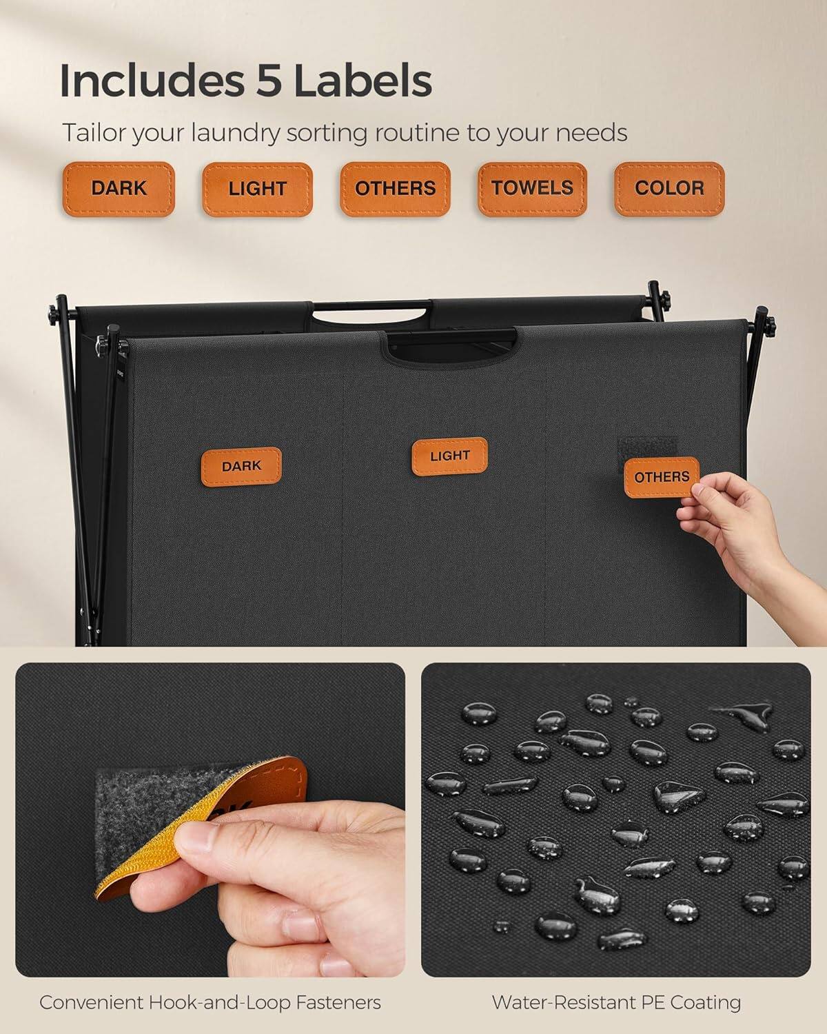 Includes 5 Labels, Tailor your laundry sorting routine to your needs, DARK, LIGHT, OTHERS, TOWELS, COLOR, Convenient Hook-and-Loop Fasteners, Water-Resistant PE Coating