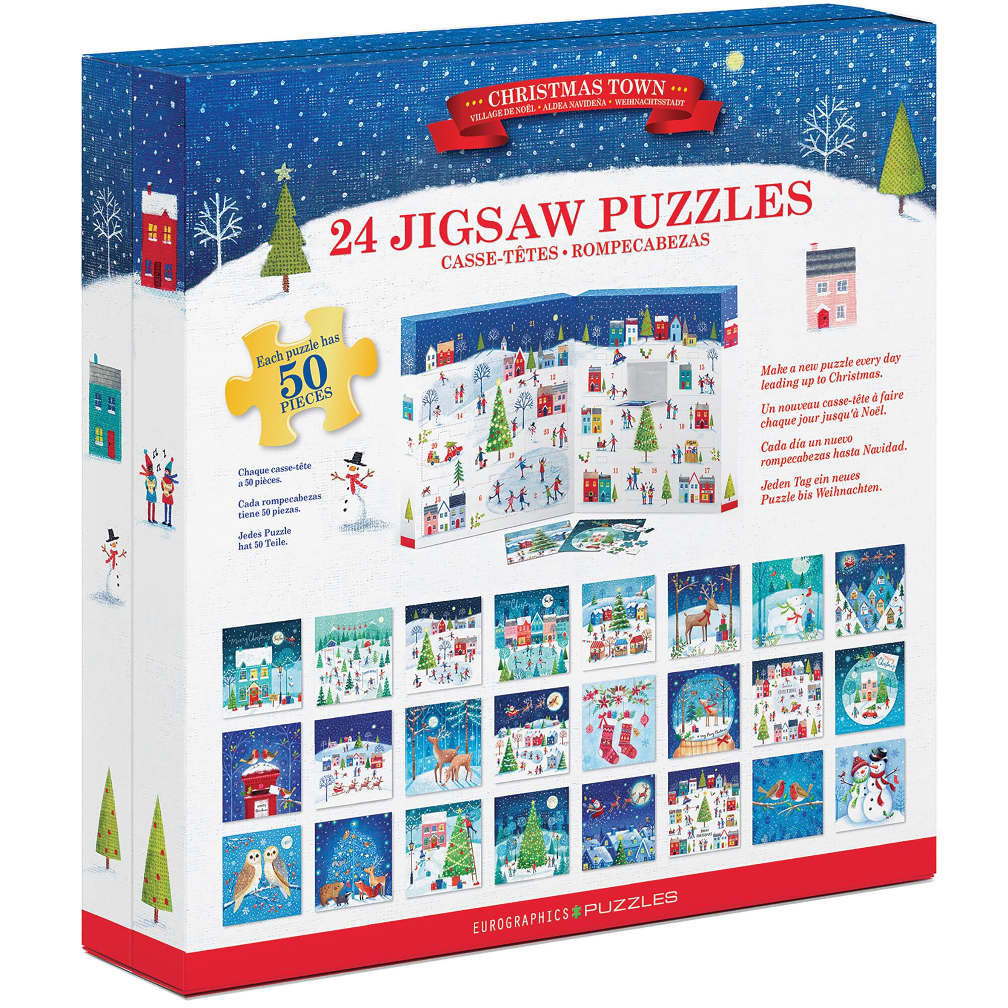Christmas Town Aldea Nitia Weihnachstadt O VOLLAEDM JIGSAW PUZZLES 24 CASSE-TTES ROMPECABEZAS has Each puzzle 50 PIECES Chaqe casne-tede a Se pieces. Cada compecabenas tinae 38 piezas. Jedes Puzzle d 30 Teale. puzzle every dey Make a new up de Christmas leading casse-tte d faire Lin ROMENIM Nol. jusqu  chaque jour die  navro Cade hasts Nacidod. rompecabezes Tog en s Jeden Weihnachten. Puzzle bis PUZZLES EUROGRAPHICS