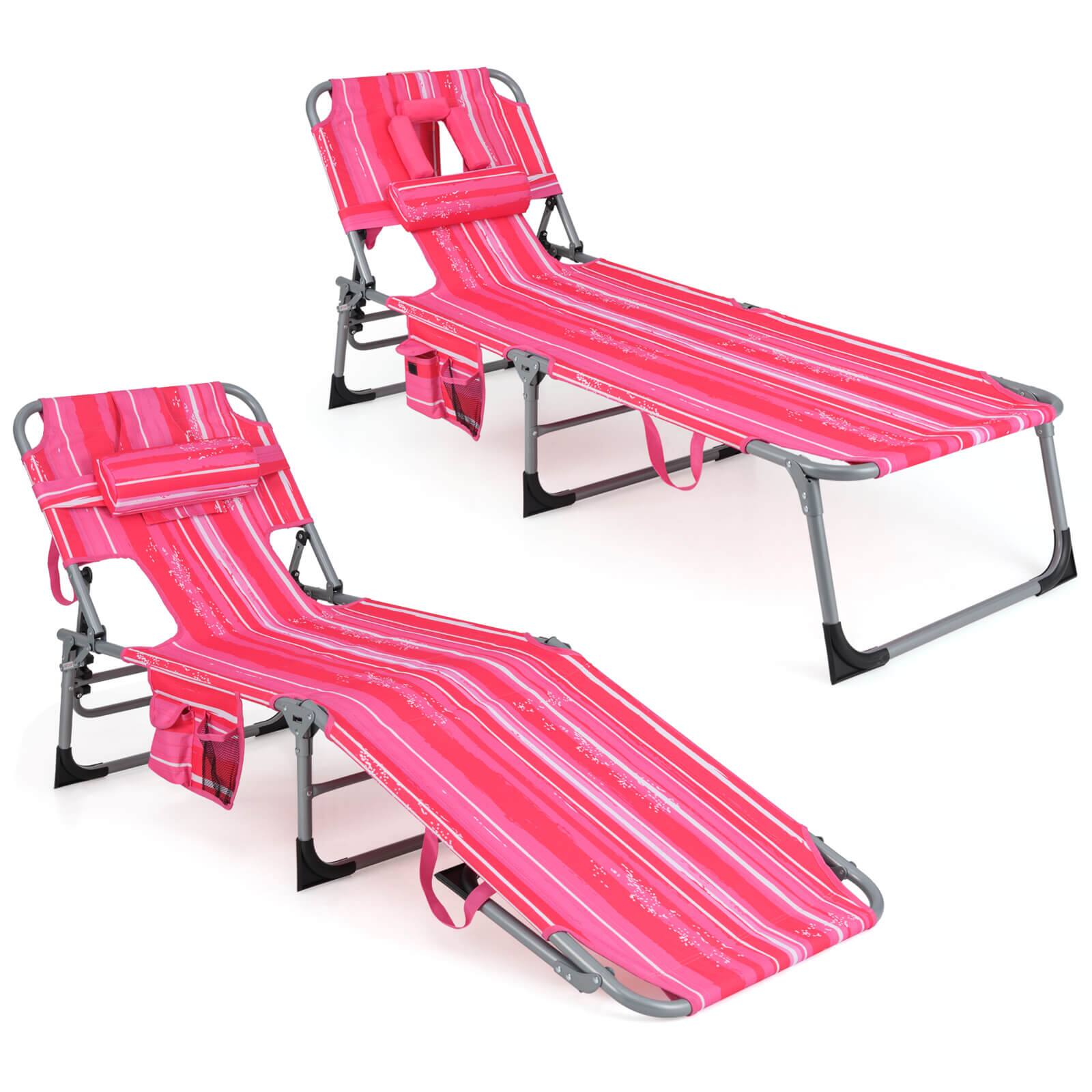 Gymax - Set of 2 Patio Beach Lounge Chair Folding Chaise Lounge w/ Pillow - Hot Pink price history on PriceWatchPro