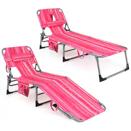 Gymax - Set of 2 Patio Beach Lounge Chair Folding Chaise Lounge w/ Pillow - Hot Pink