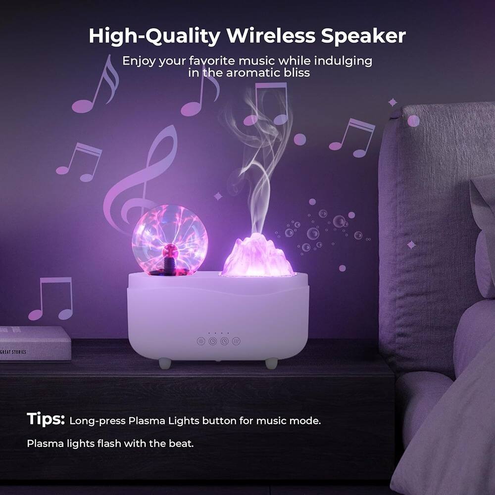 High-Quality Wireless Speaker  
Enjoy your favorite music while indulging in the aromatic bliss  

Tips: Long-press Plasma Lights button for music mode.  
Plasma lights flash with the beat.