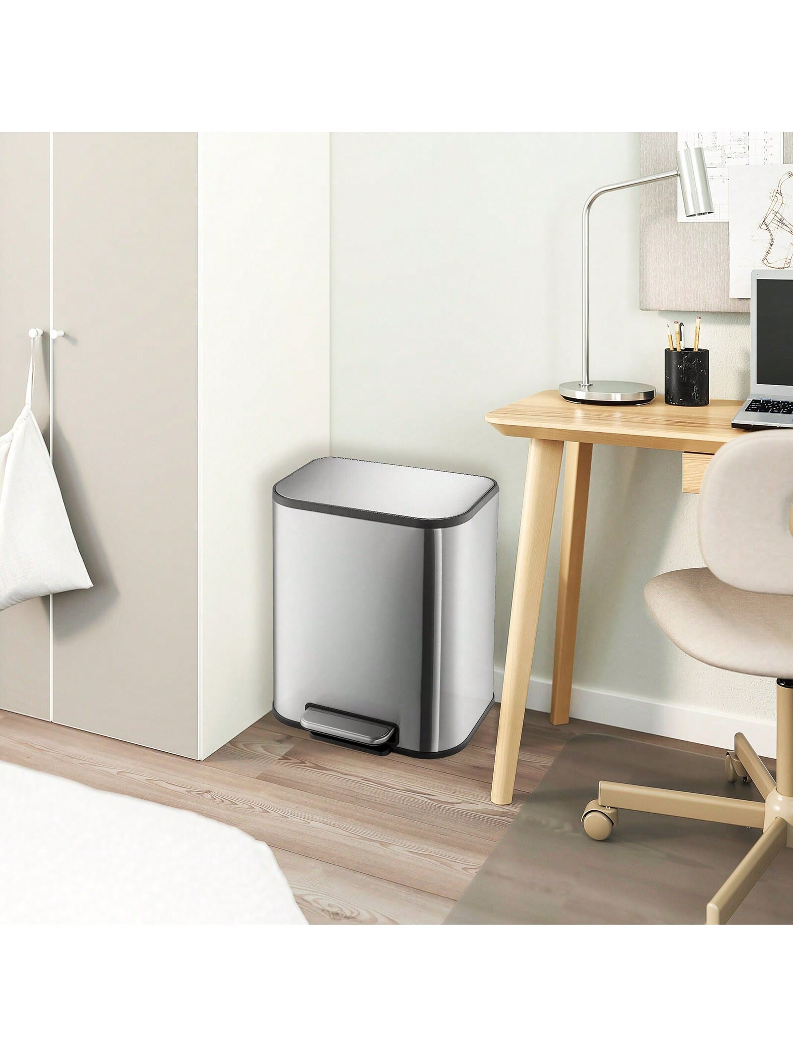 GARVEE - 20L Trash Can Stainless Steel Garbage Can With Lid Step On Pedal Bucket Rectangular Trash Can - Silver 20L