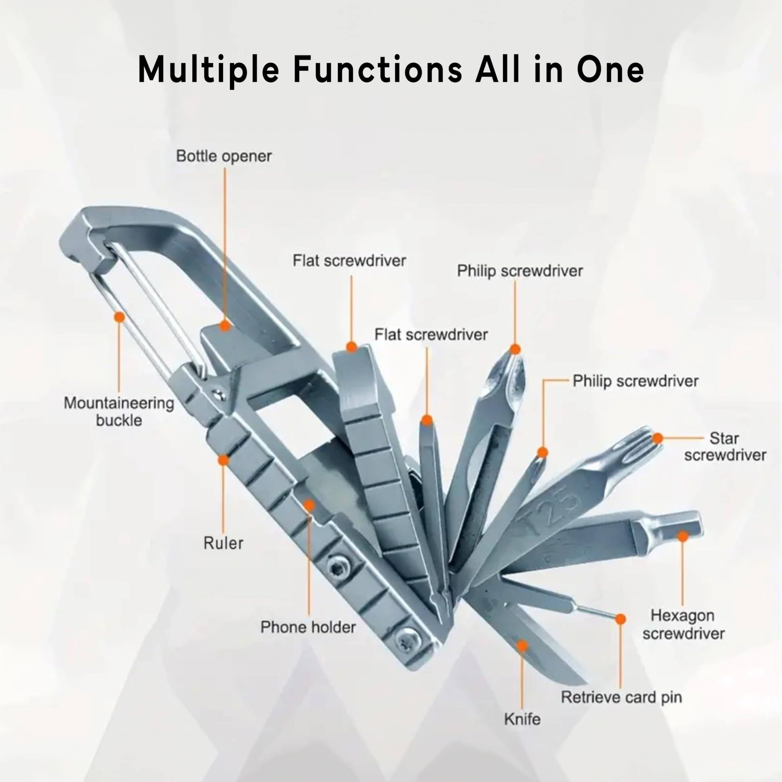 Multiple Functions All in One

- Bottle opener
- Flat screwdriver
- Philip screwdriver
- Mountaineering buckle
- Ruler
- Phone holder
- Star screwdriver
- Hexagon screwdriver
- Retrieve card pin
- Knife