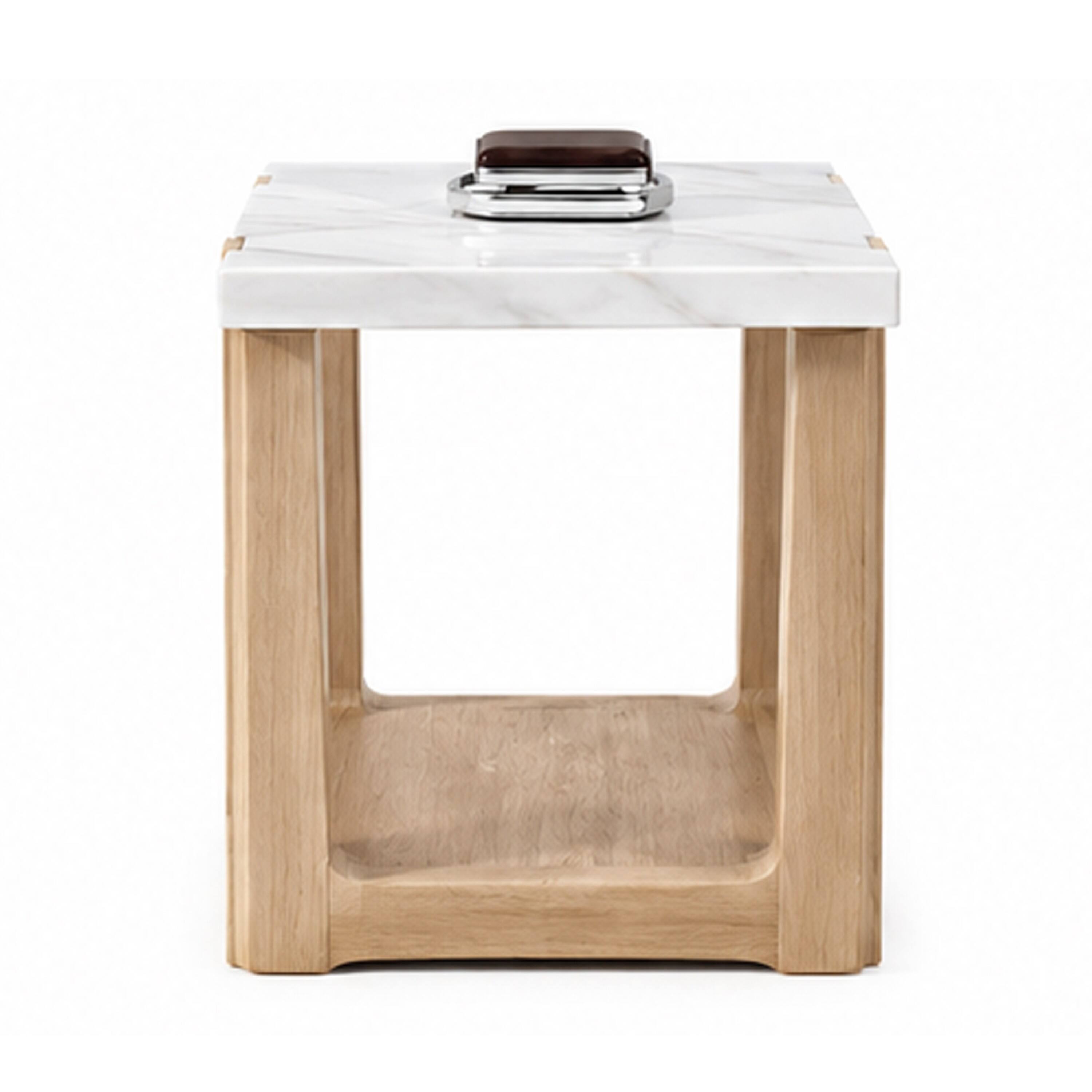 Back. Manhattan Lane - Sane Side End Table, 24 Inch Faux Marble Top with Shelf - White, Natural Brown.