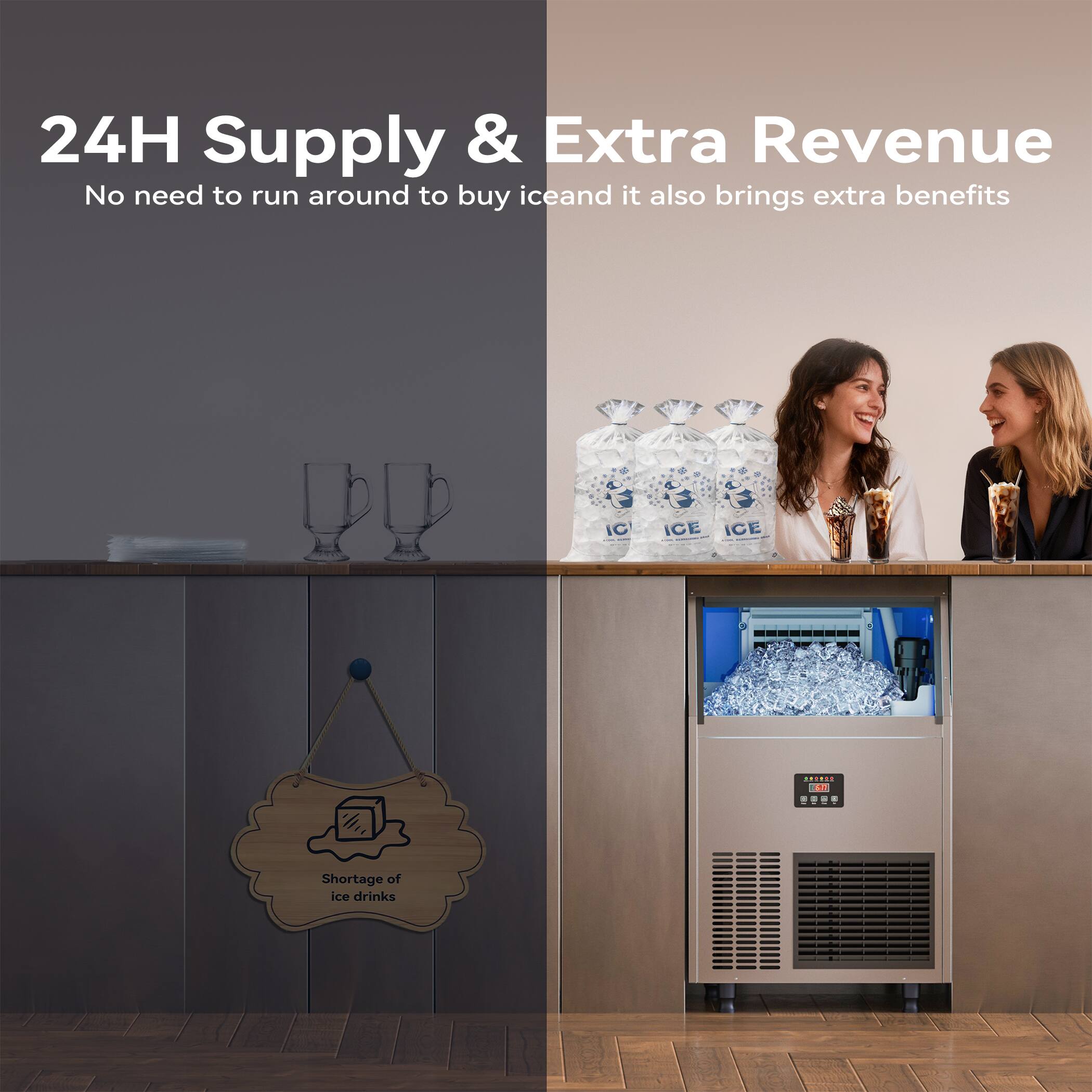 24H Supply & Extra Revenue  
No need to run around to buy ice and it also brings extra benefits  

Shortage of ice drinks
