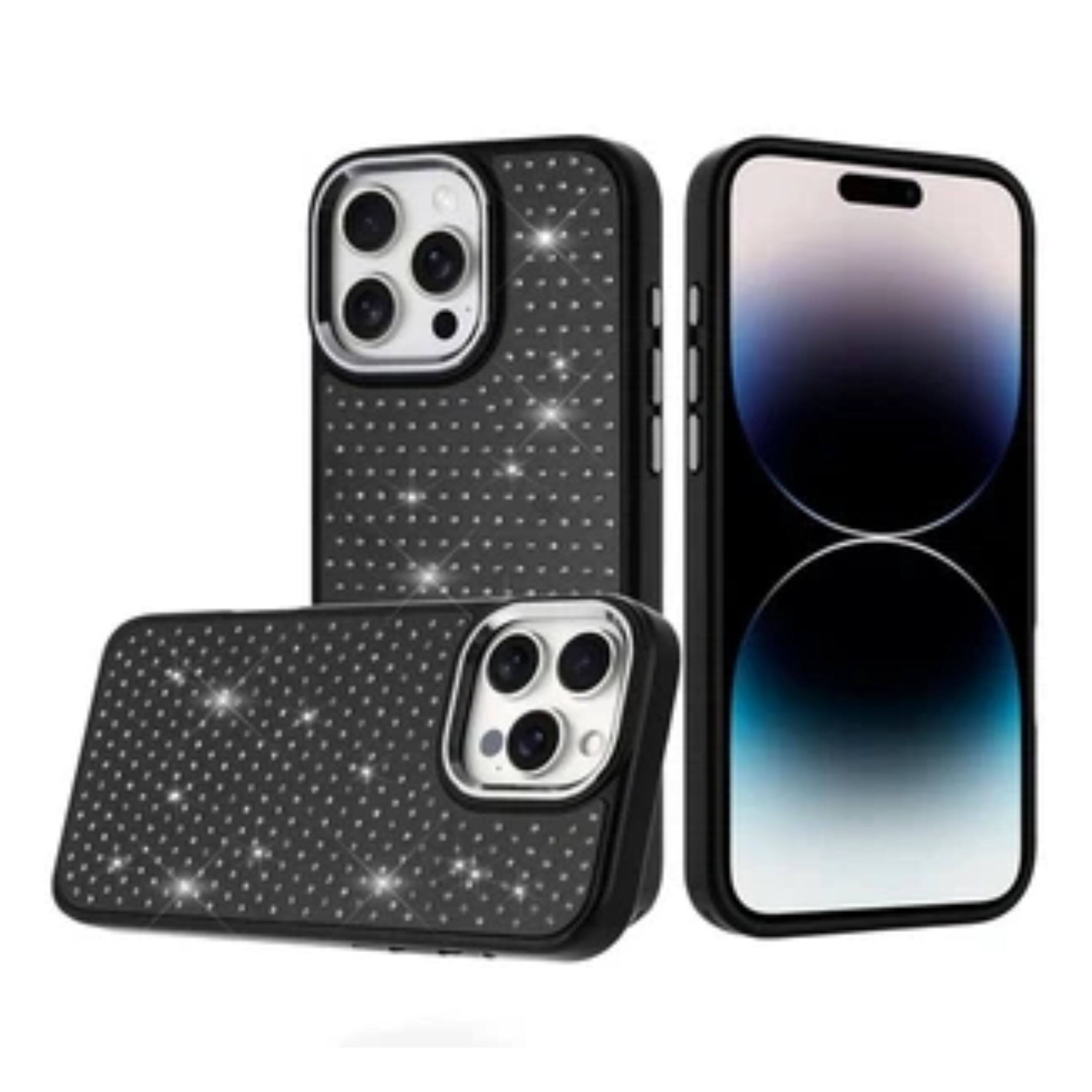 Angle. Kitcheniva - Rhinestone Faux Crystals Chrome Plated Phone Case For iPhone 14 Pro Max Black - Black.
