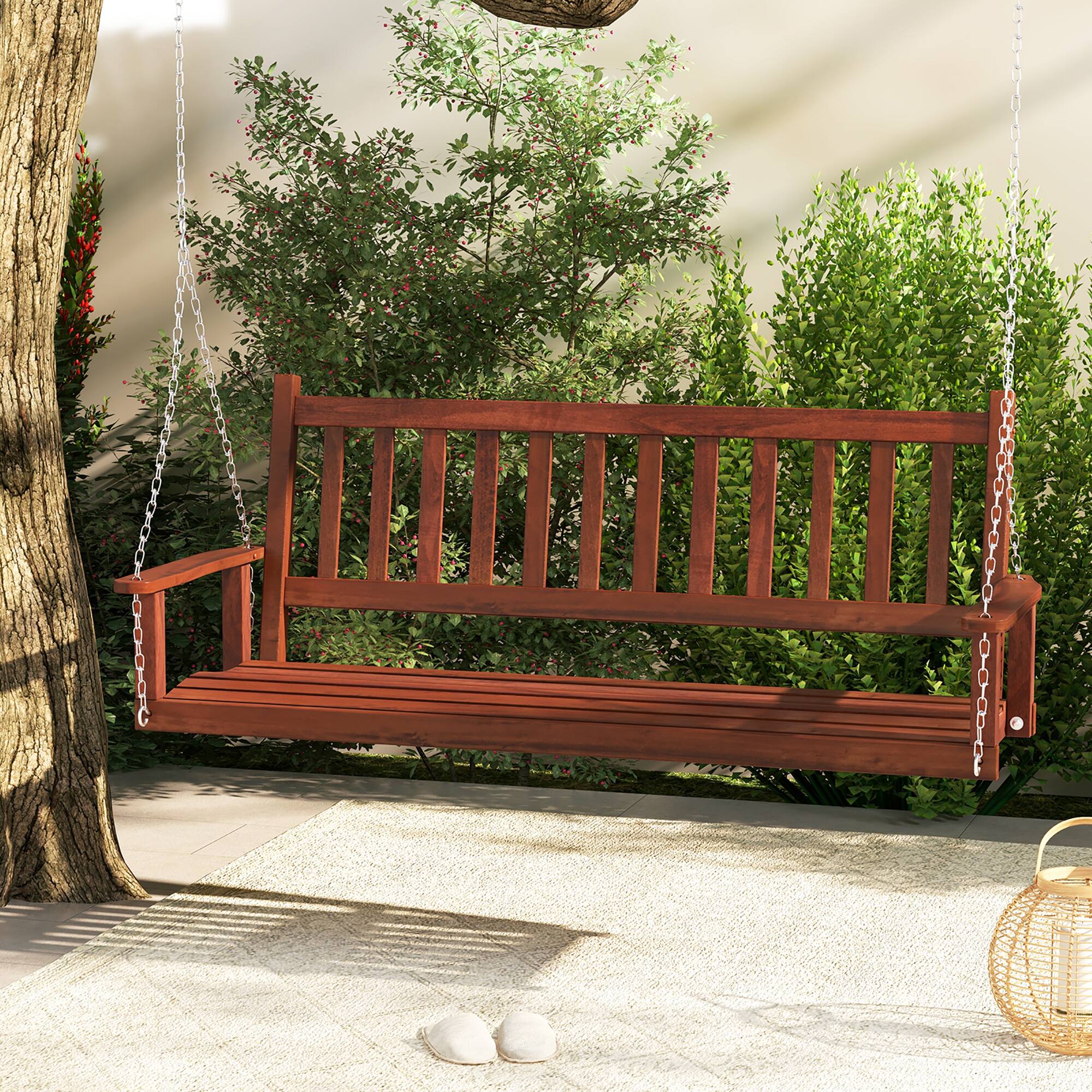 Alt View 1. Gymax - Gymax 5FT Wooden 3-Person Porch Swing Chair w/ Adjustable Galvanized Metal Chains Brown - Brown.