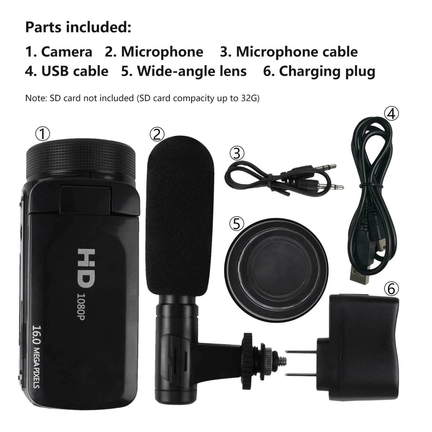 Parts included:  
1. Camera  
2. Microphone  
3. Microphone cable  
4. USB cable  
5. Wide-angle lens  
6. Charging plug  

Note: SD card not included (SD card capacity up to 32G)  

16.0 MEGAPIXELS HD 1080P