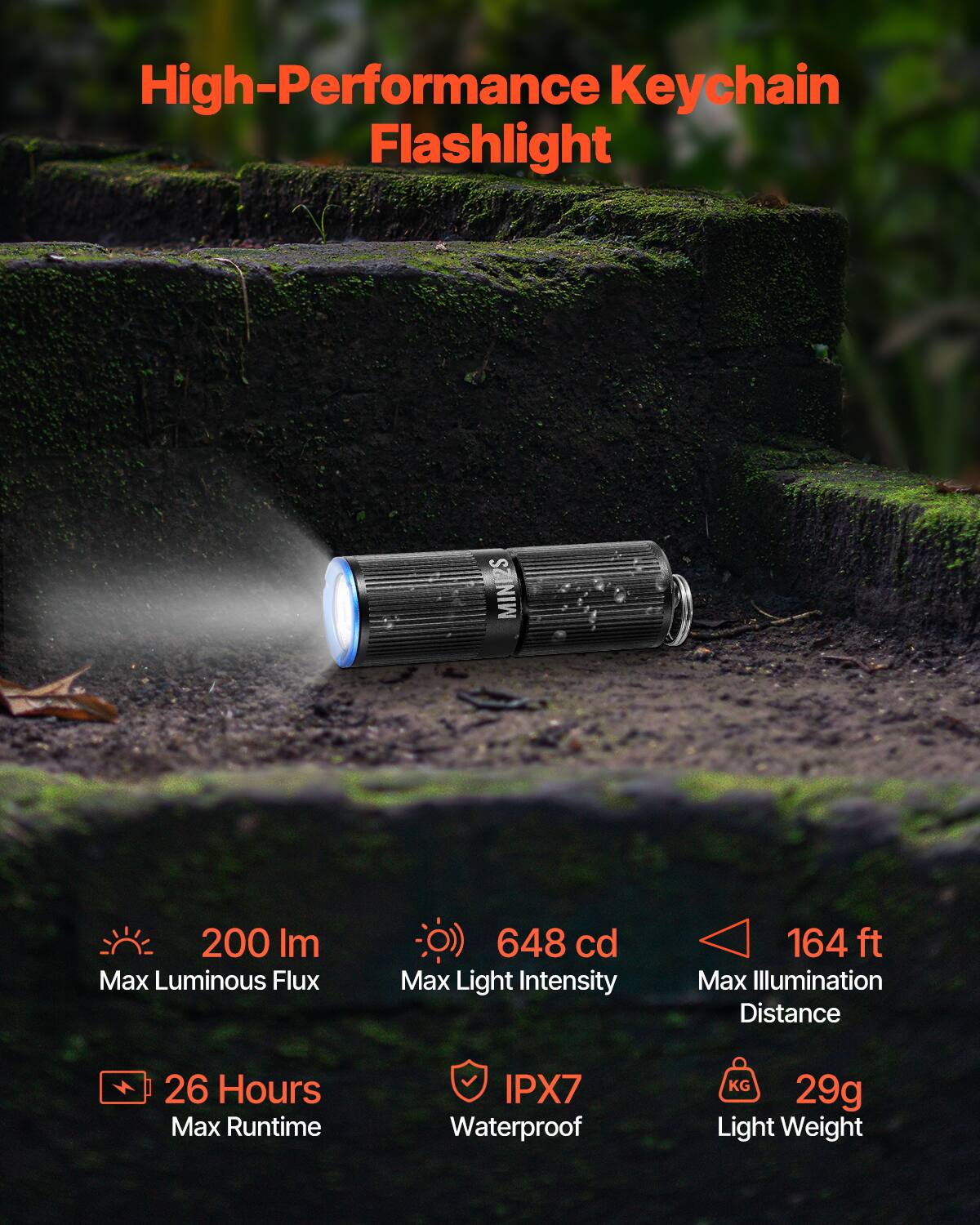High-Performance Keychain Flashlight

- Max Luminous Flux: 200 lm
- Max Light Intensity: 648 cd
- Max Illumination Distance: 164 ft
- Max Runtime: 26 Hours
- Waterproof: IPX7
- Light Weight: 29g