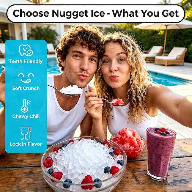 Choose Nugget Ice - What You Get

- Teeth Friendly
- Soft Crunch
- Chewy Chill
- Lock in Flavor