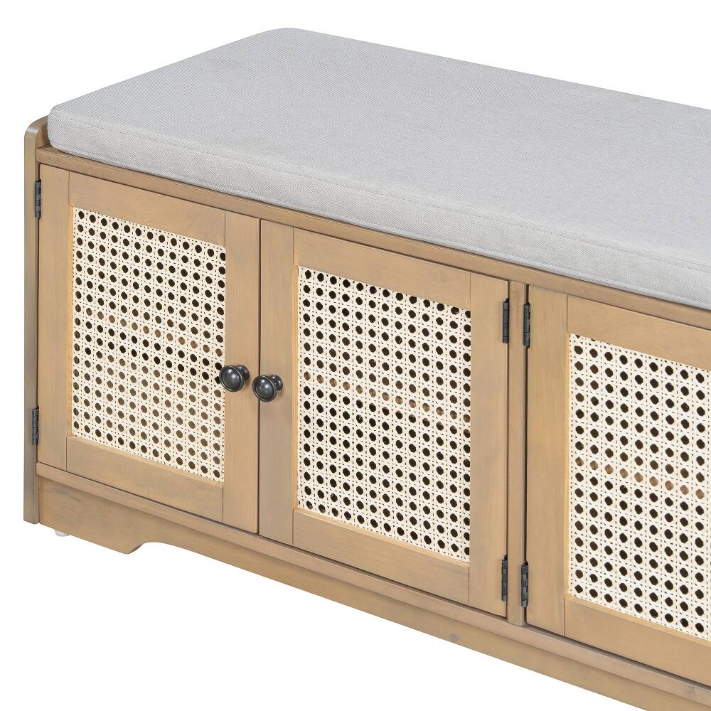 Back. Ropilly - Ropilly Rustic Storage Bench with Cushion, Woven Rattan Entryway Shoe Bench with Adjustable Shelves for Hallway, Brown - Brown+Beige.